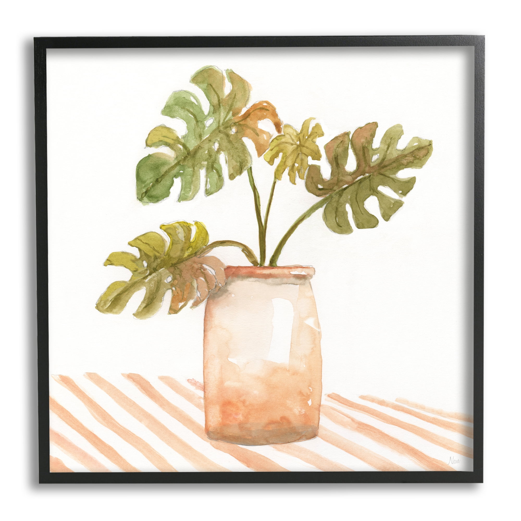 Stupell Industries Monstera Plant Ceramic Glazed Pot Striped Patterned Tabletop,12 x 12, Design by Nan