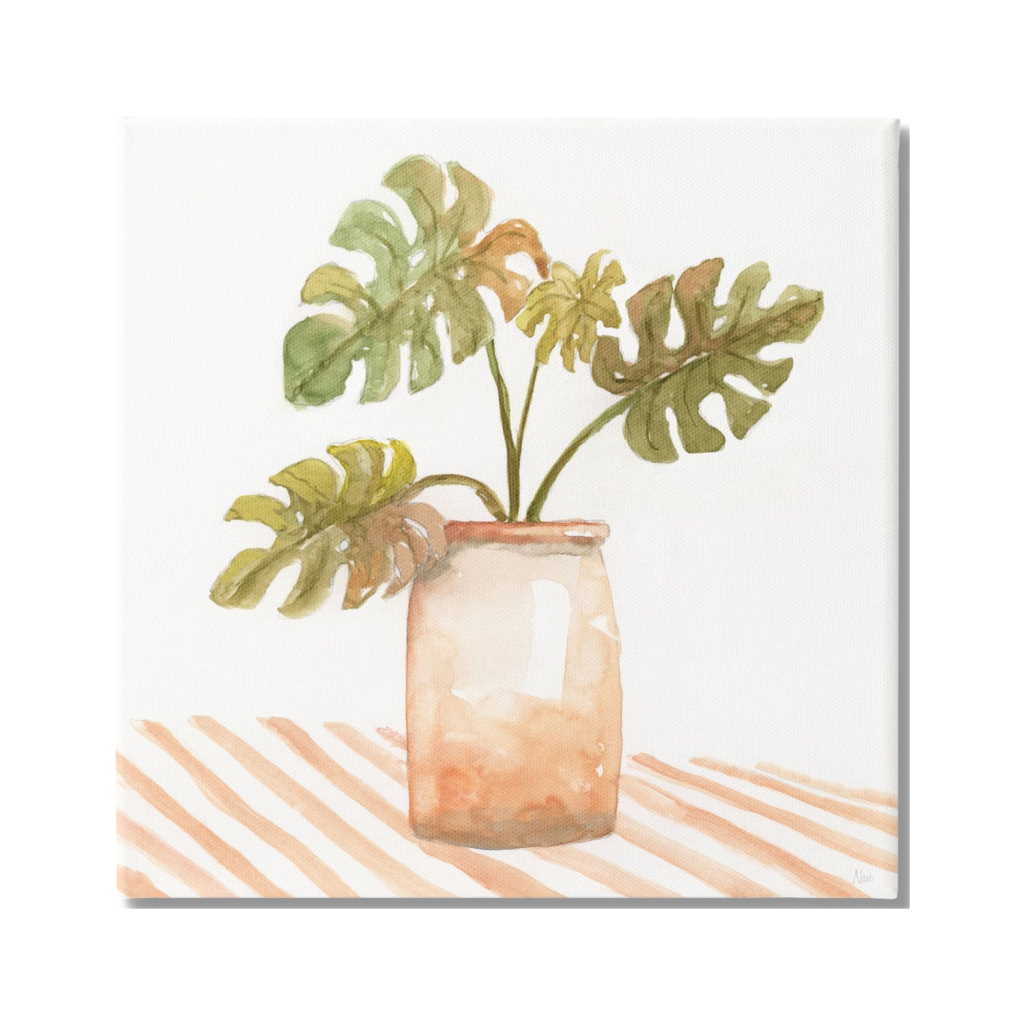 Stupell Industries Monstera Plant Ceramic Glazed Pot Striped Patterned Tabletop,30 x 30, Design by Nan