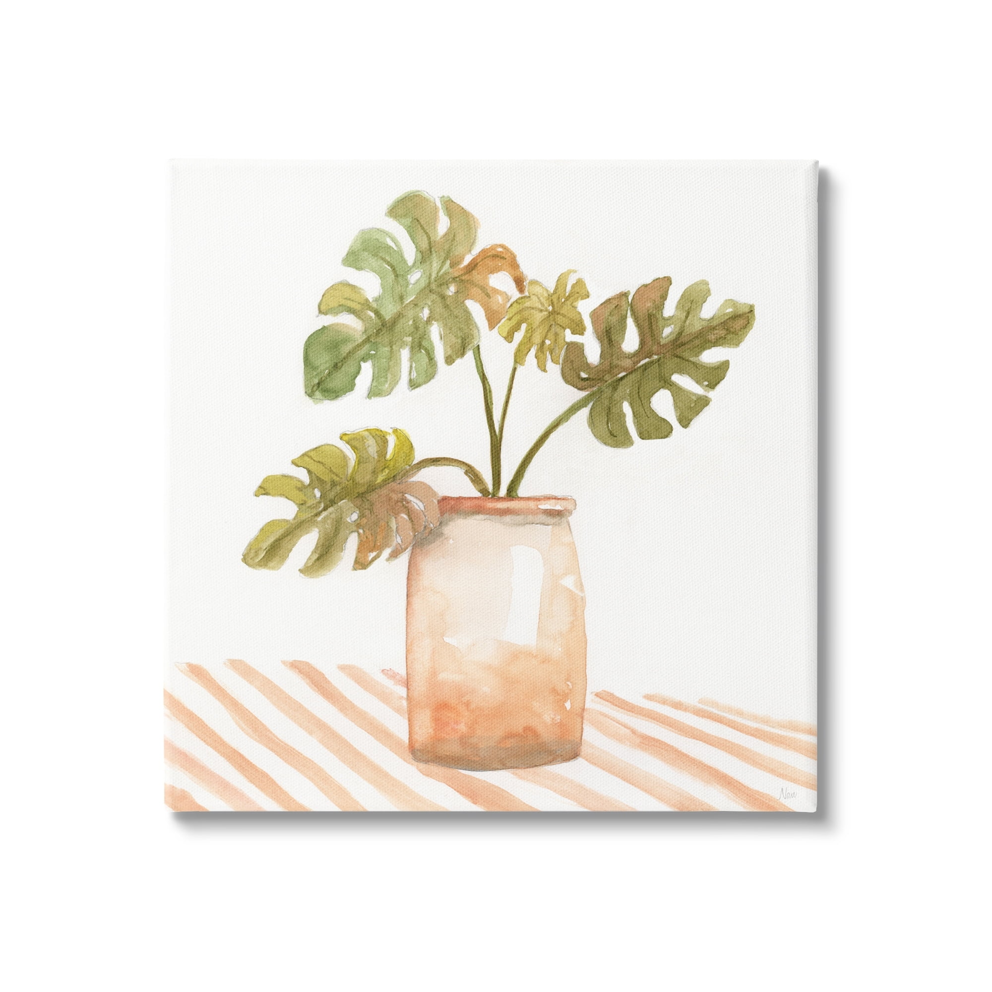 Stupell Industries Monstera Plant Ceramic Glazed Pot Striped Patterned Tabletop,36 x 36, Design by Nan