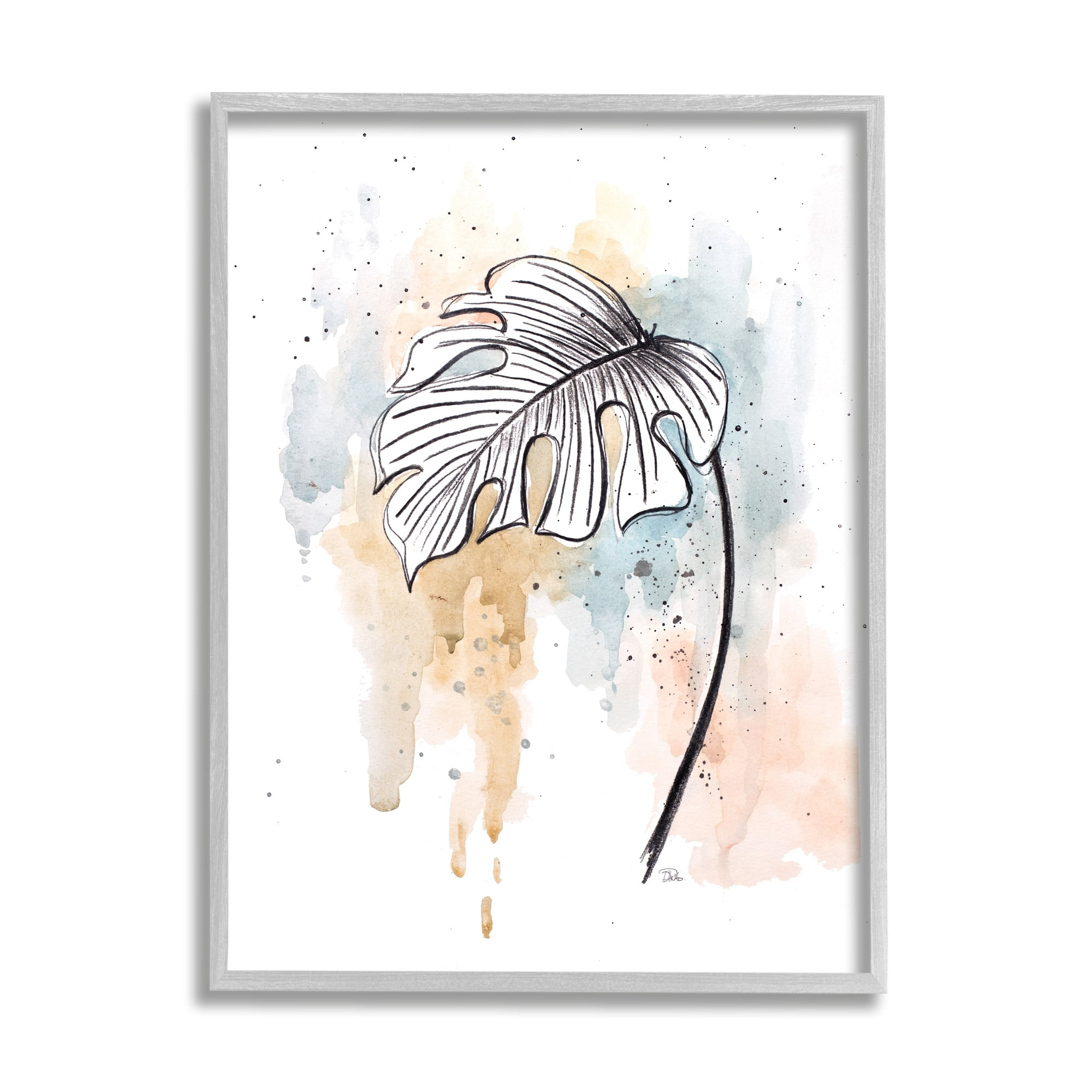 Stupell Industries Monstera Plant Stem Blue Brown Splatter Watercolor,16 x 20,Designed by Patricia Pinto