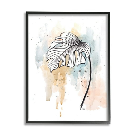 Stupell Industries Monstera Plant Stem Blue Brown Splatter Watercolor Black Framed Art Print Wall Art, 11x14, by Patricia Pinto
