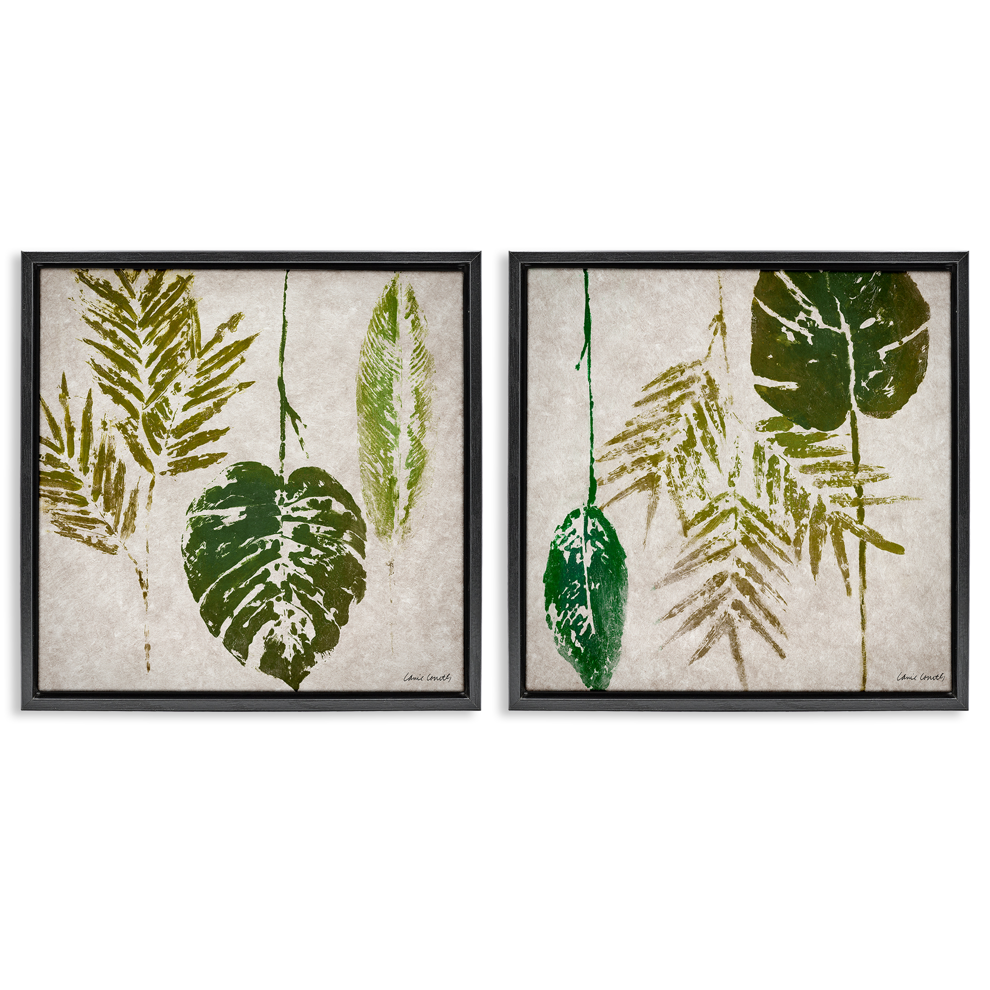 Stupell Industries Monstera Stamped Palm Leaves Plants & Flowers Painting Black Floater Framed Canvas Art Print Wall Art, 25 x 25, Set of 2