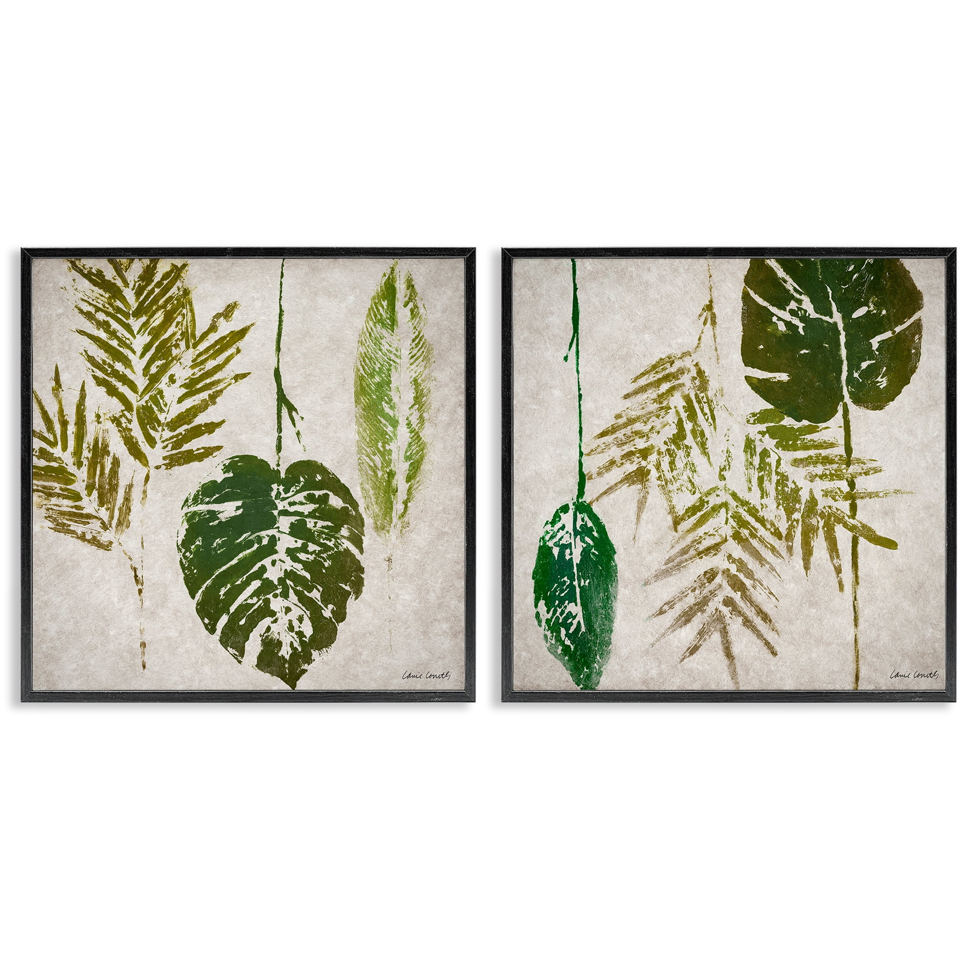 Stupell Industries Monstera Stamped Palm Leaves Plants & Flowers Painting Black Framed Art Print Wall Art, 12 x 12, Set of 2