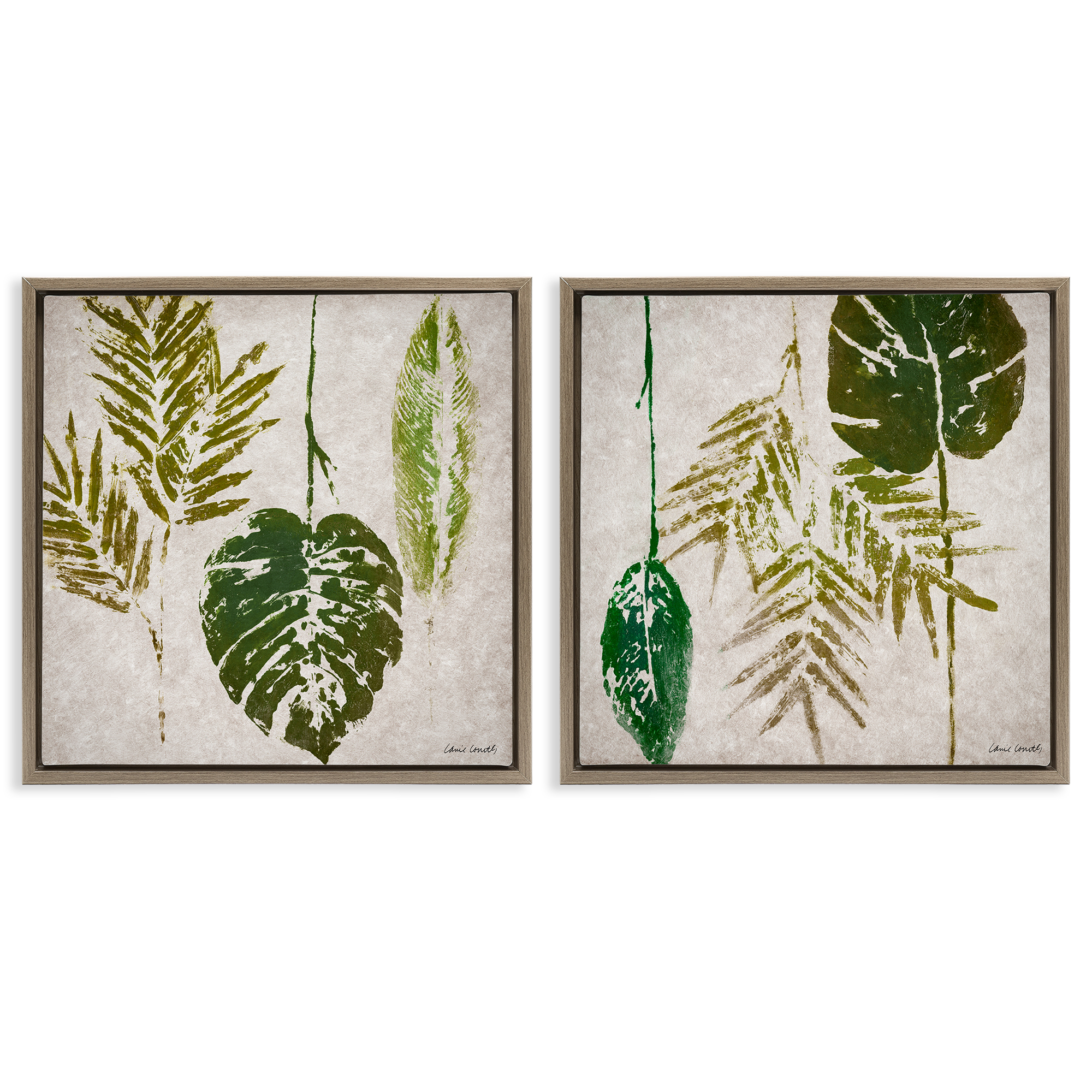 Stupell Industries Monstera Stamped Palm Leaves Plants & Flowers Painting Brown Floater Framed Canvas Art Print Wall Art, 18 x 18, Set of 2