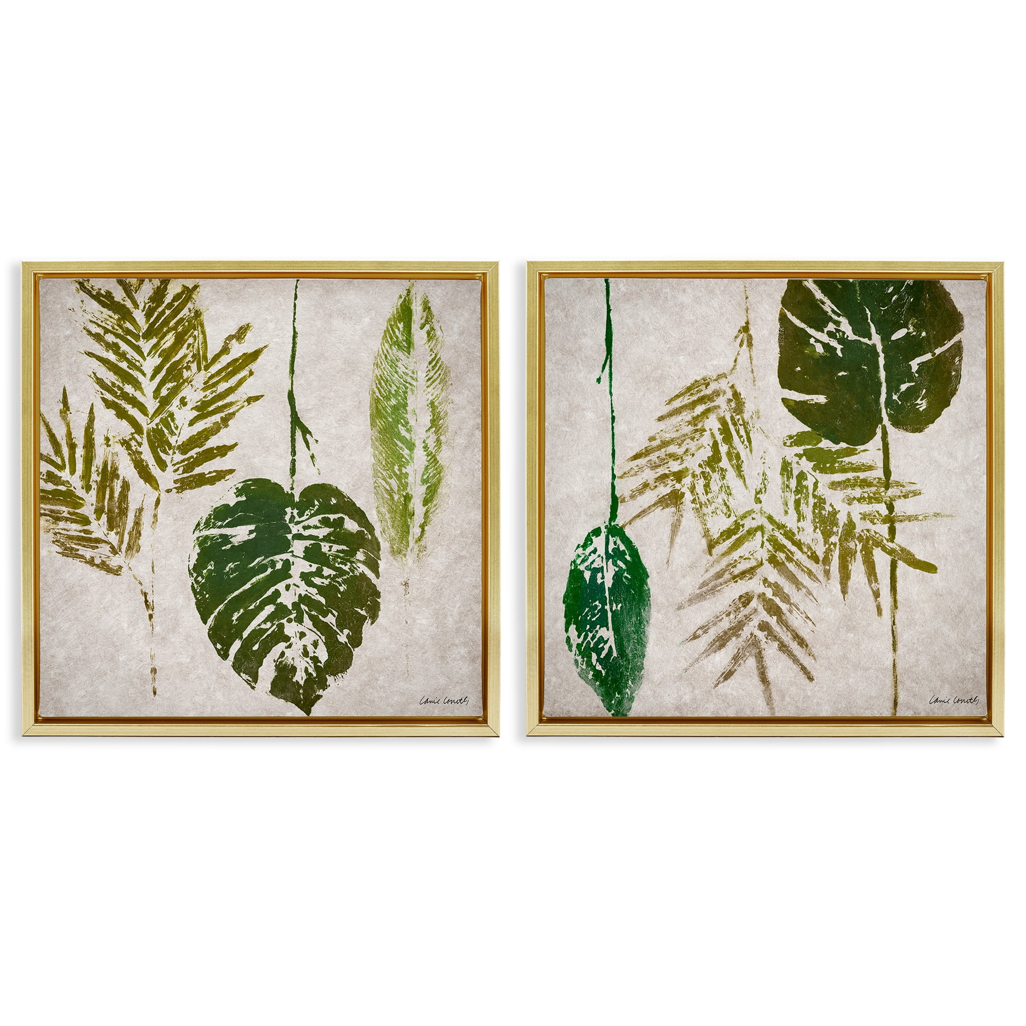Stupell Industries Monstera Stamped Palm Leaves Plants & Flowers Painting Gold Floater Framed Canvas Art Print Wall Art, 25 x 25, Set of 2