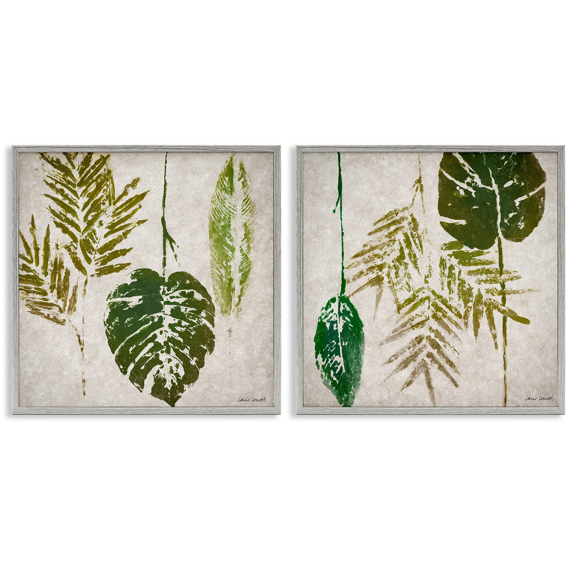 Stupell Industries Monstera Stamped Palm Leaves Plants & Flowers Painting Gray Framed Art Print Wall Art, 17 x 17, Set of 2