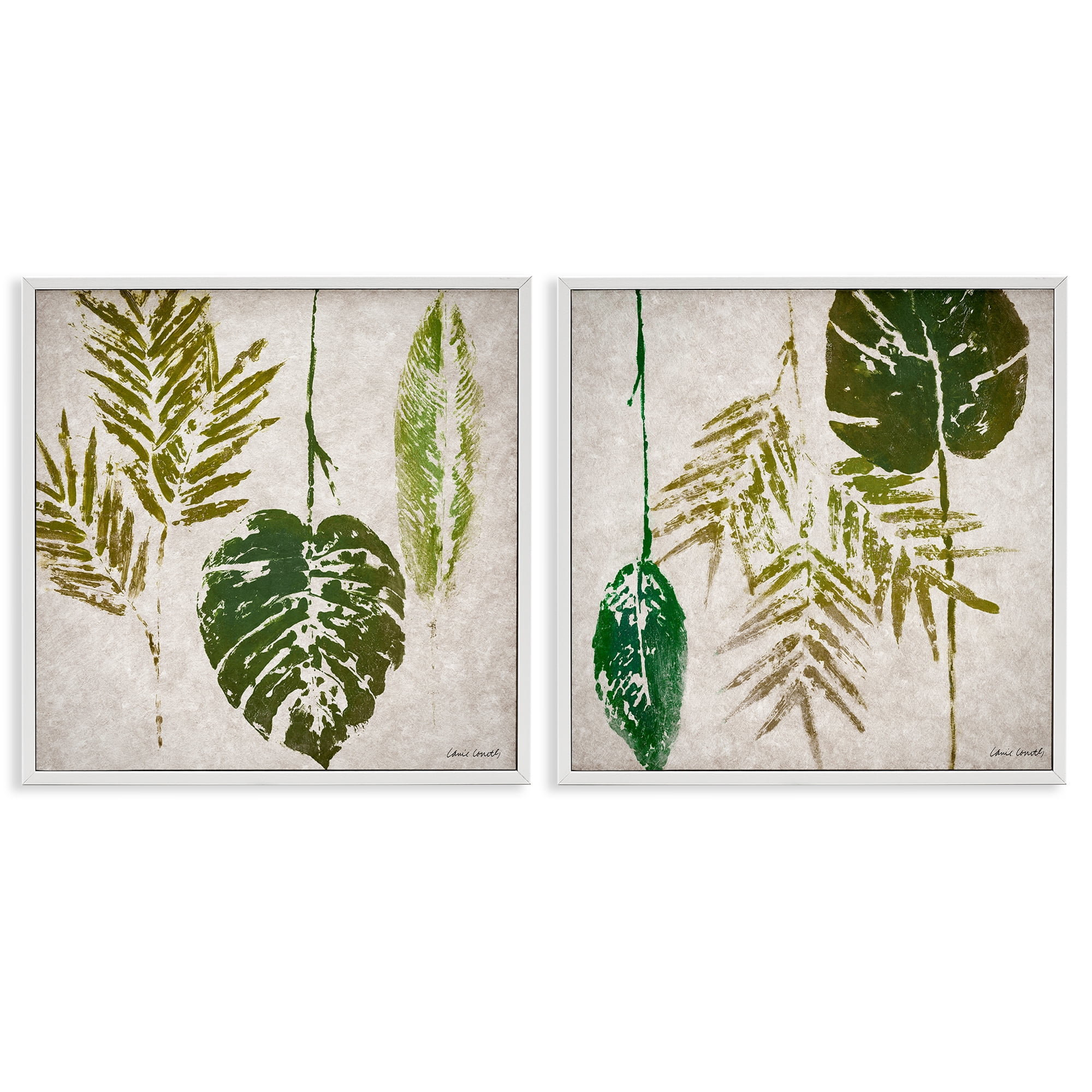 Stupell Industries Monstera Stamped Palm Leaves Plants & Flowers Painting White Framed Art Print Wall Art, 12 x 12, Set of 2