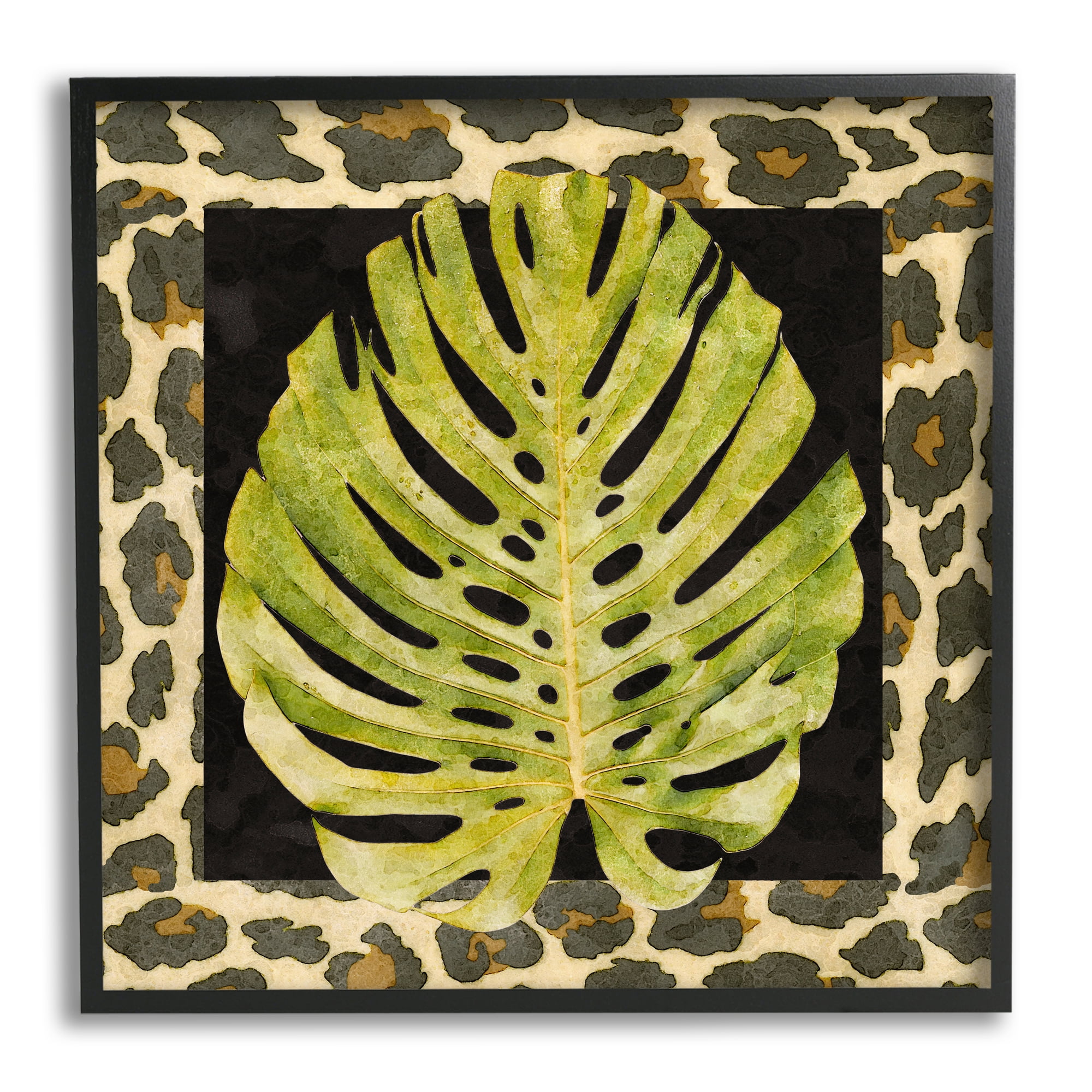 Stupell Industries Monstera on Leopard Pattern Botanical & Floral Painting Black Framed Art Print Wall Art, 17 x 17