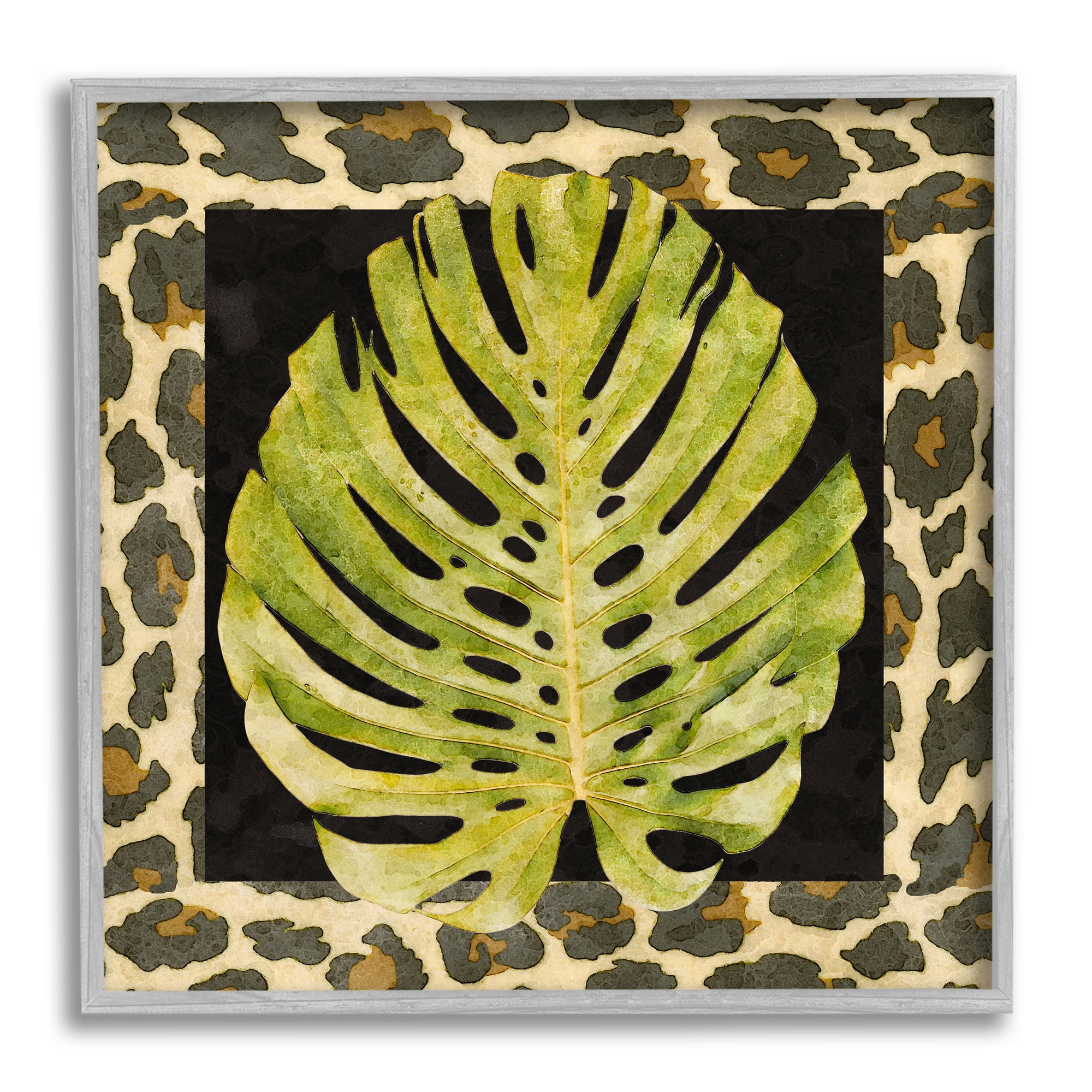 Stupell Industries Monstera on Leopard Pattern Botanical & Floral Painting Gray Framed Art Print Wall Art, 12 x 12