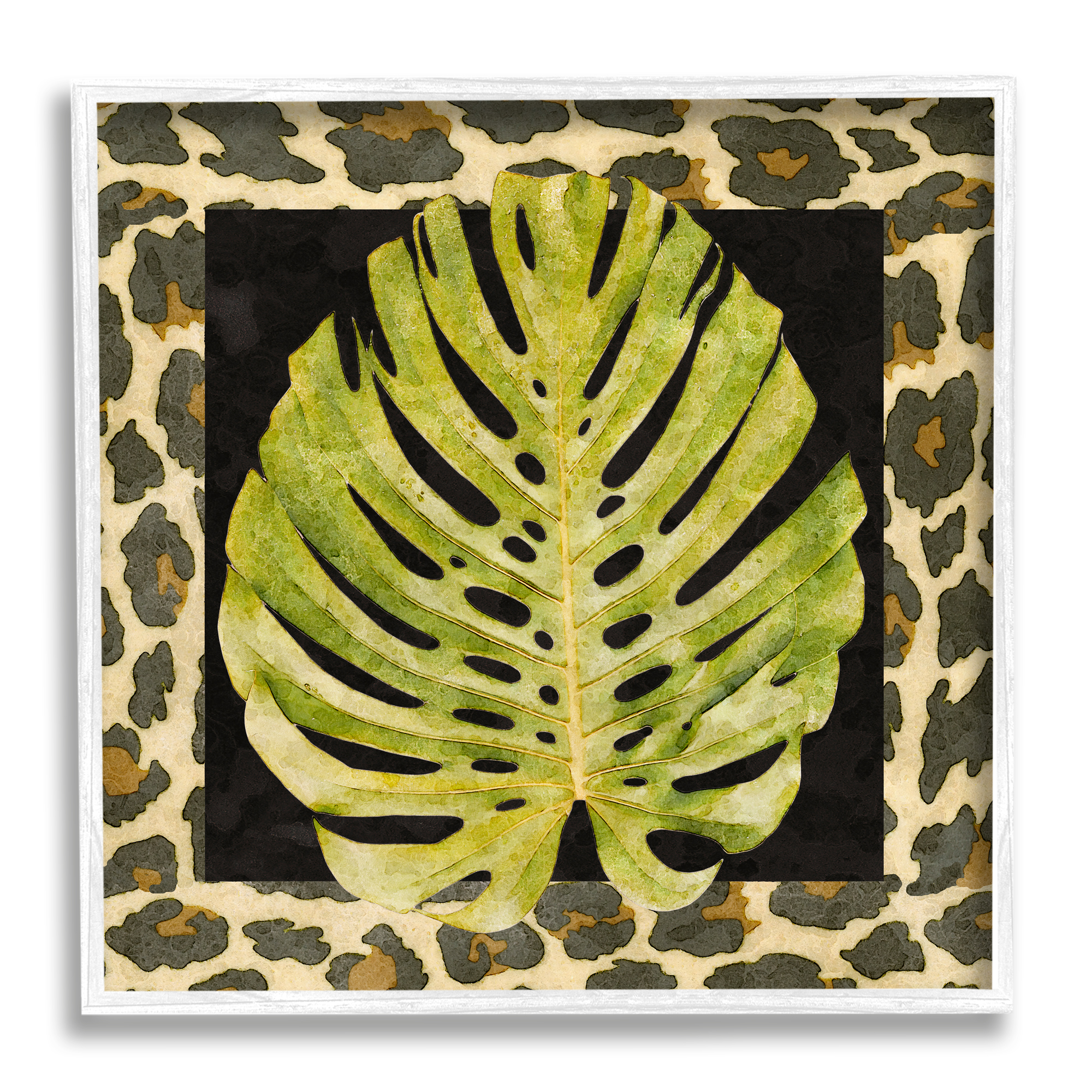 Stupell Industries Monstera on Leopard Pattern Botanical & Floral Painting White Framed Art Print Wall Art, 17 x 17