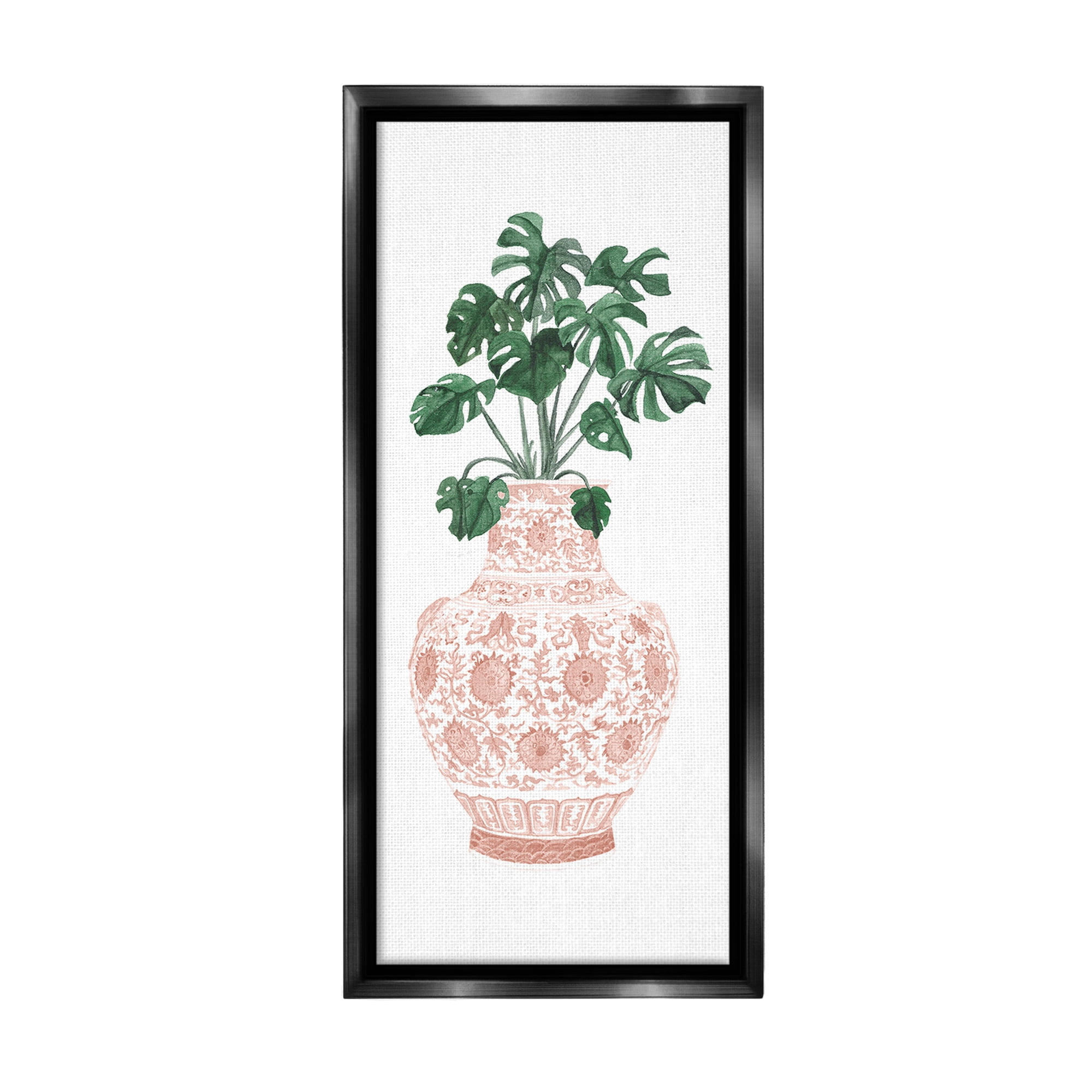 Stupell Industries Monstera with Ornate Vase Botanical & Floral Painting Black Floater Framed Canvas Art Print Wall Art, 14 x 31