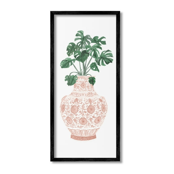 Stupell Industries Monstera with Ornate Vase Botanical & Floral Painting Black Framed Art Print Wall Art, 10 x 24