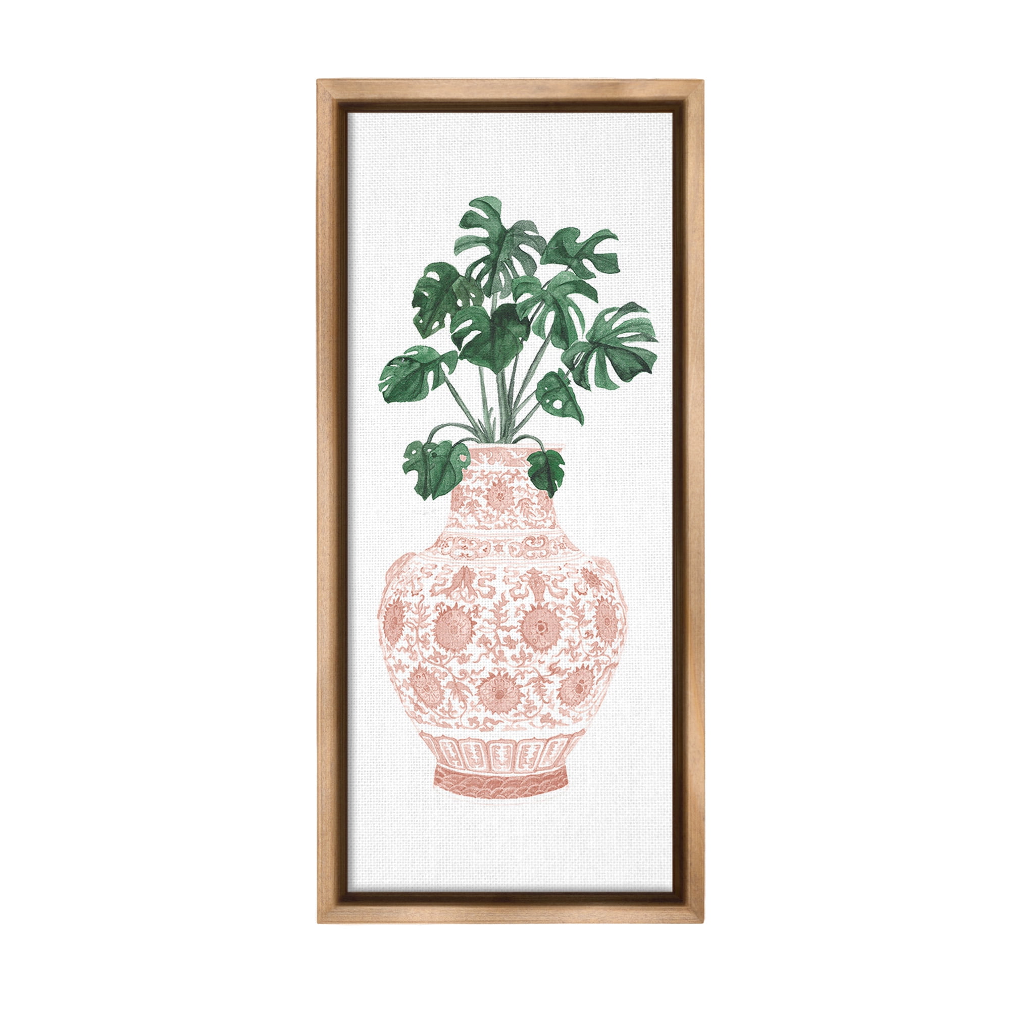 Stupell Industries Monstera with Ornate Vase Botanical & Floral Painting Brown Floater Framed Canvas Art Print Wall Art, 11 x 25
