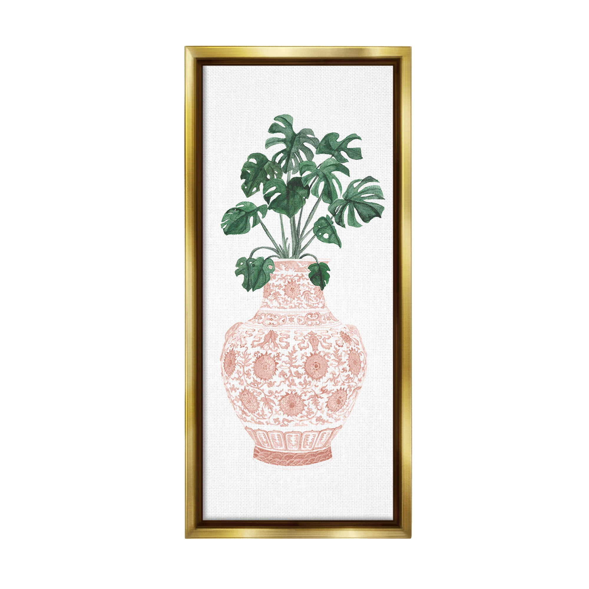 Stupell Industries Monstera with Ornate Vase Botanical & Floral Painting Gold Floater Framed Canvas Art Print Wall Art, 14 x 31
