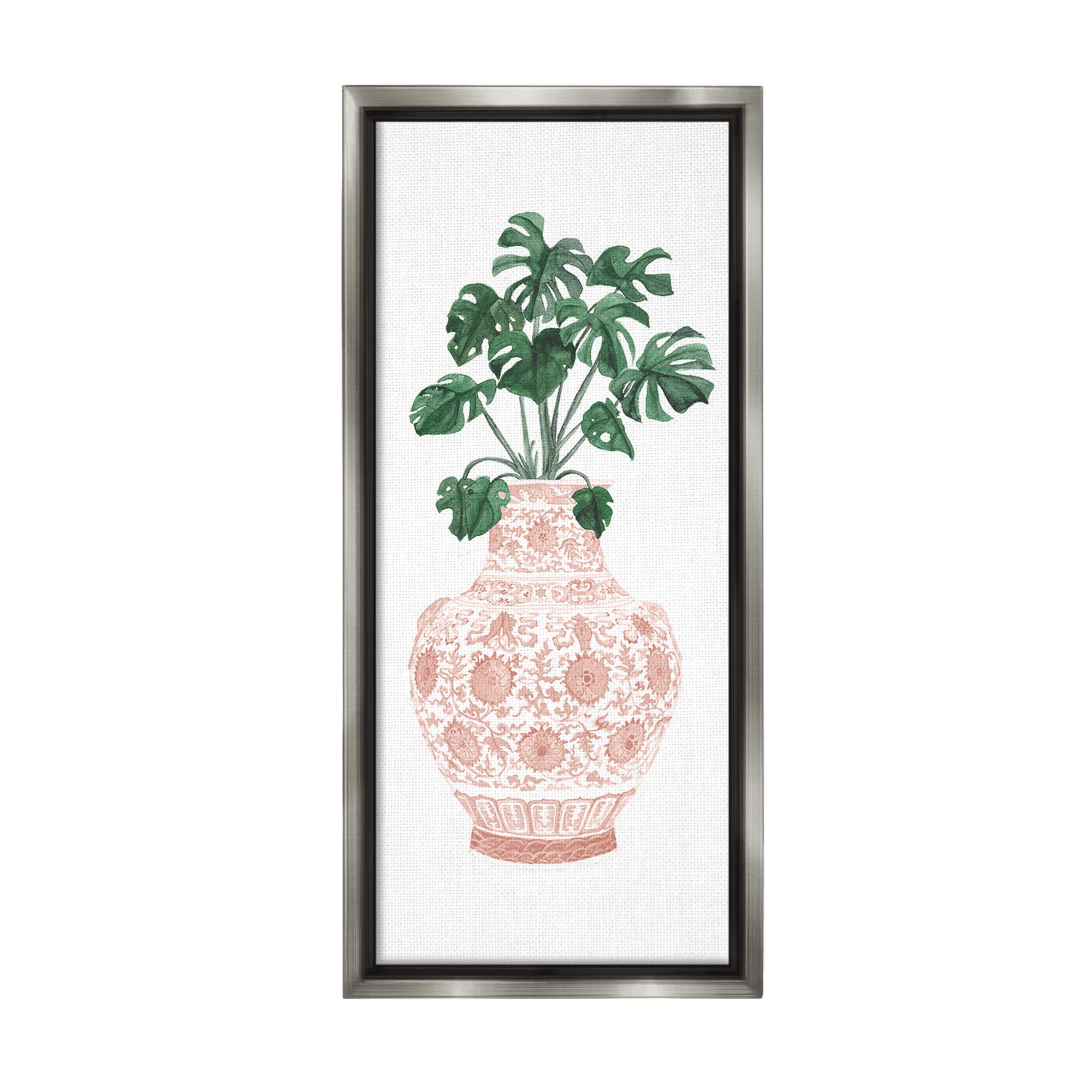 Stupell Industries Monstera with Ornate Vase Botanical & Floral Painting Gray Floater Framed Canvas Art Print Wall Art, 14 x 31