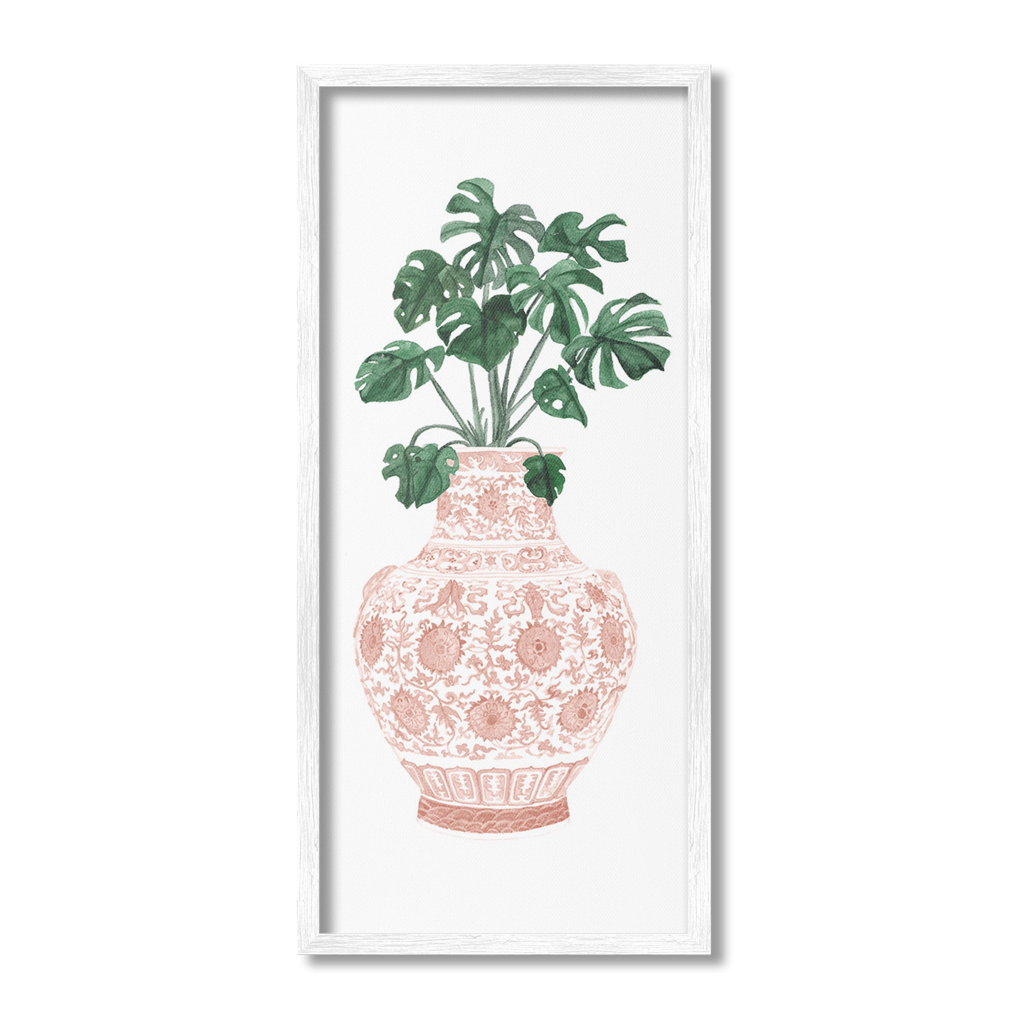 Stupell Industries Monstera with Ornate Vase Botanical & Floral Painting White Framed Art Print Wall Art, 10 x 24