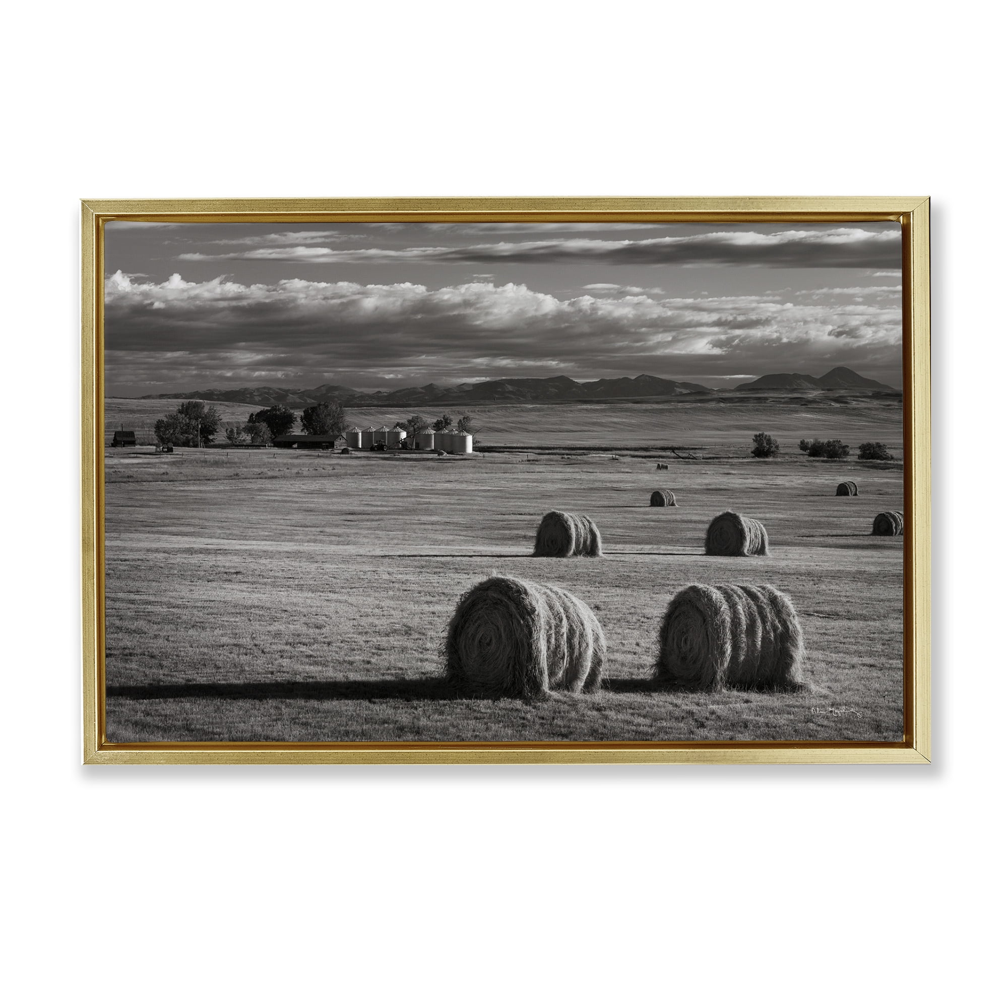 Stupell Industries Montana Hay Bales Landscape & Nature Photography Gold Floater Framed Canvas Art Print Wall Art, 25 x 17