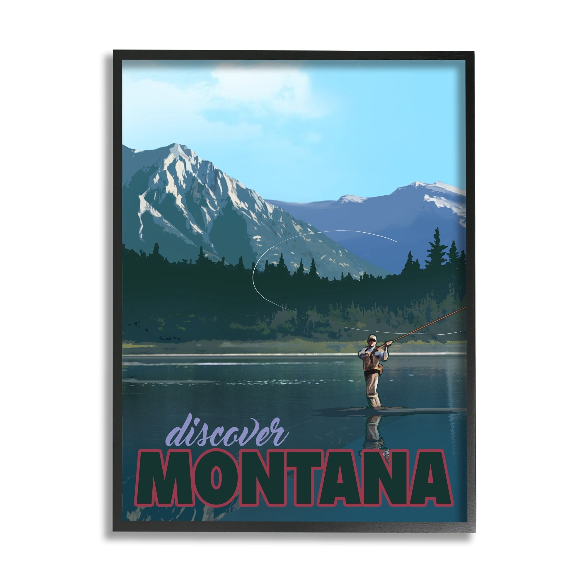 Stupell Industries Montana Travel Fly Fishing Lake Mountains Landscape Graphic Art Black Framed Art Print Wall Art, Design by David Owens Illustration