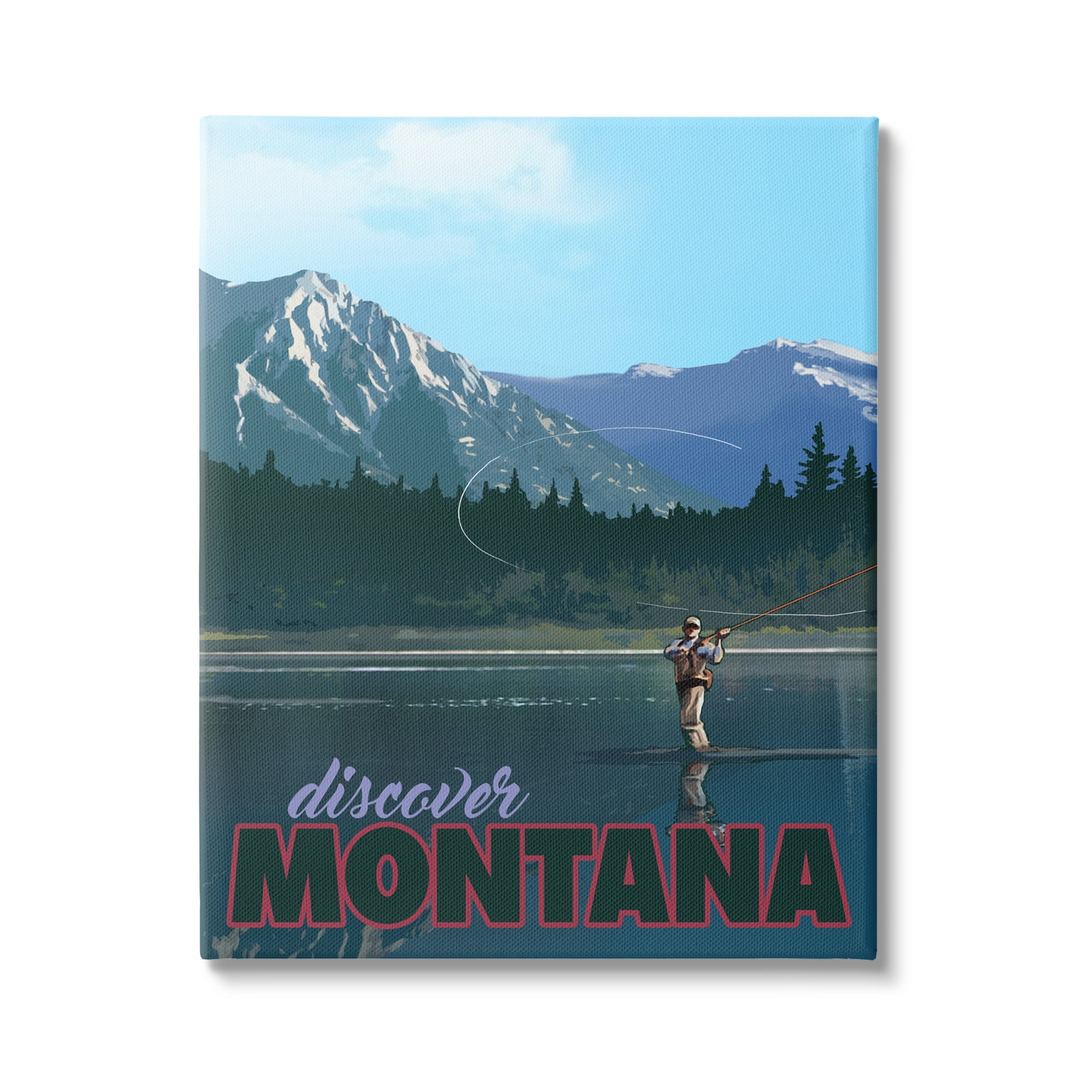 Stupell Industries Montana Travel Fly Fishing Lake Mountains Landscape Graphic Art Gallery Wrapped Canvas Print Wall Art, Design by David Owens Illustration