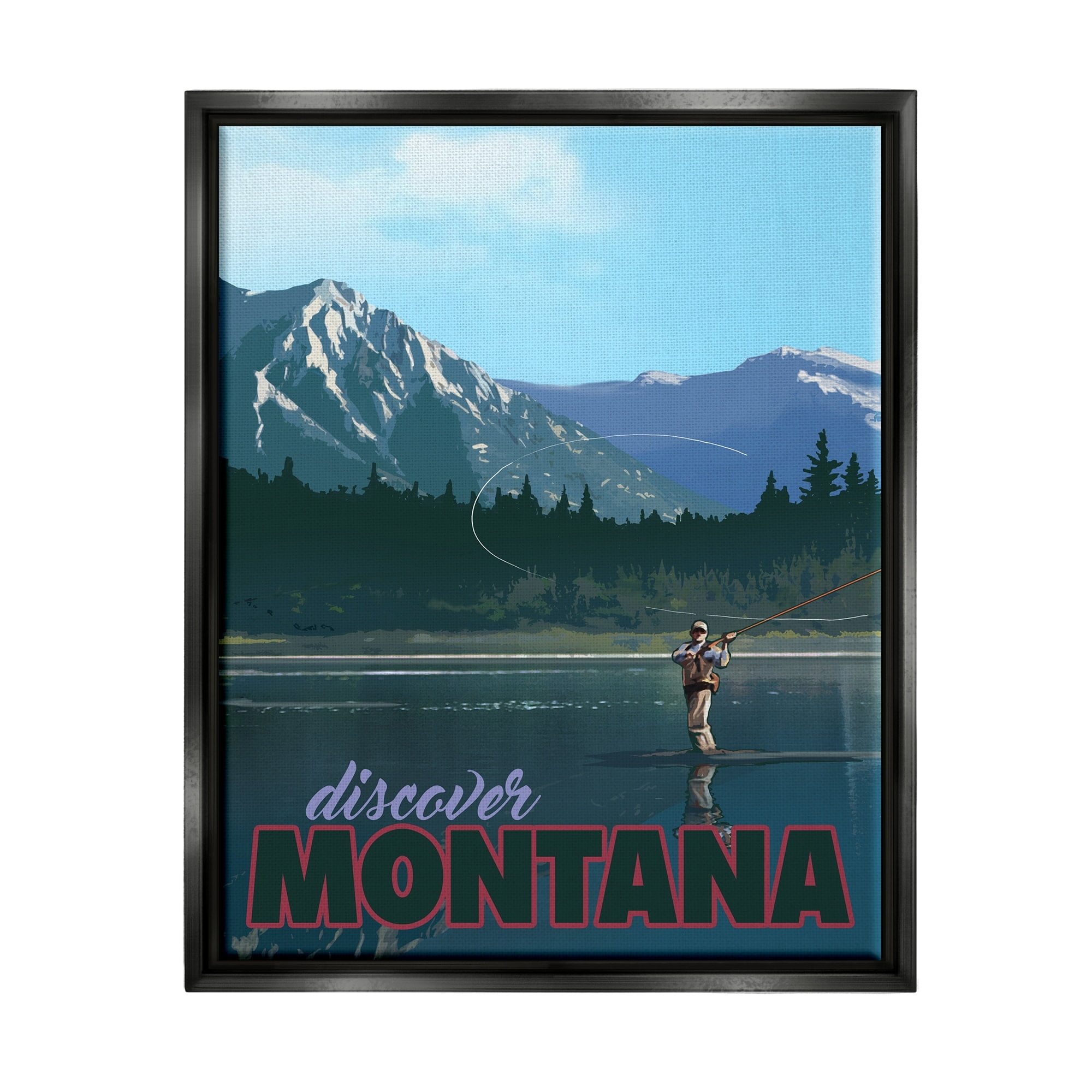 Stupell Industries Montana Travel Fly Fishing Lake Mountains Landscape Graphic Art Jet Black Floating Framed Canvas Print Wall Art, Design by David Owens Illustration