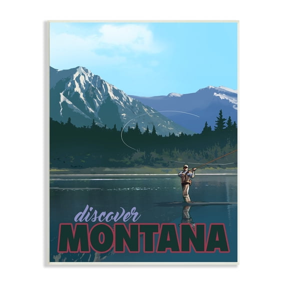 Stupell Industries Montana Travel Fly Fishing Lake Mountains Landscape Graphic Art Unframed Art Print Wall Art, Design by David Owens Illustration