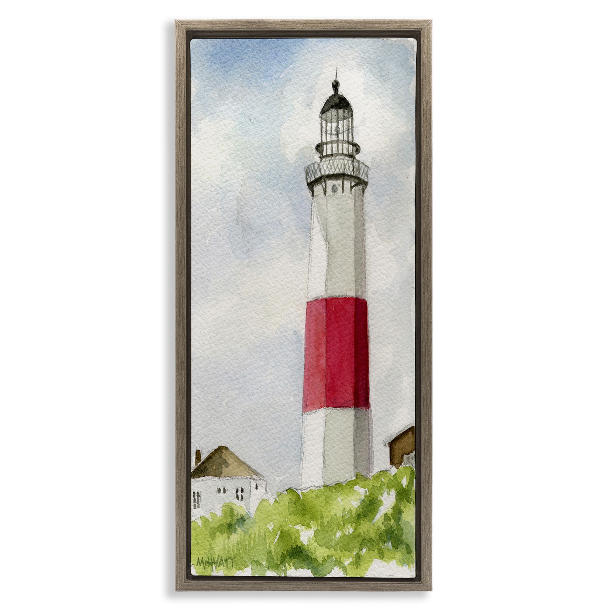 Stupell Industries Montauk Lighthouse View Nautical & Beach Painting Brown Floater Framed Canvas Art Print Wall Art, 11 x 25