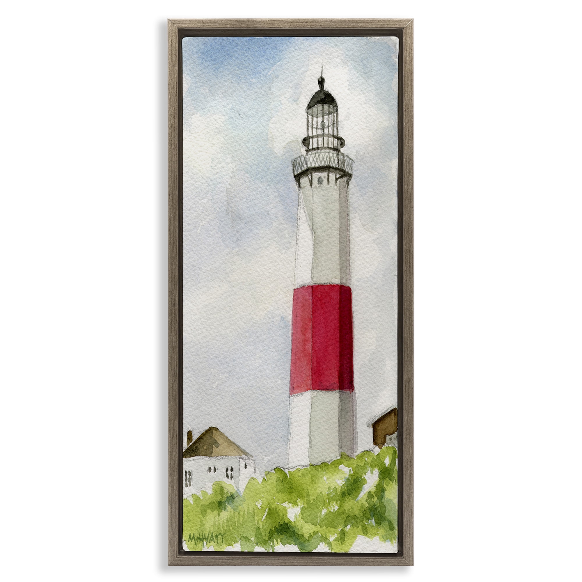 Stupell Industries Montauk Lighthouse View Nautical & Beach Painting Brown Floater Framed Canvas Art Print Wall Art, 14 x 31