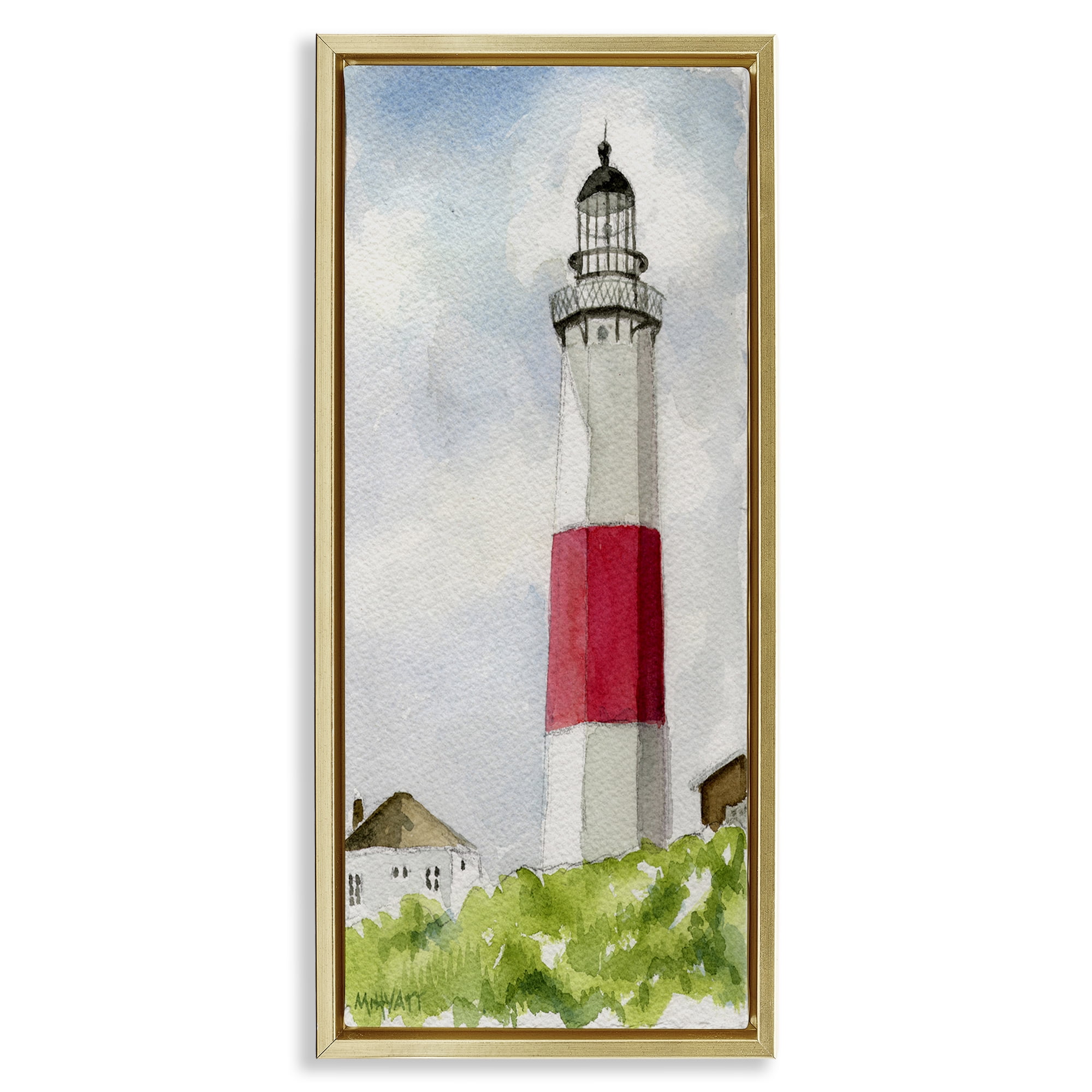 Stupell Industries Montauk Lighthouse View Nautical & Beach Painting Gold Floater Framed Canvas Art Print Wall Art, 14 x 31