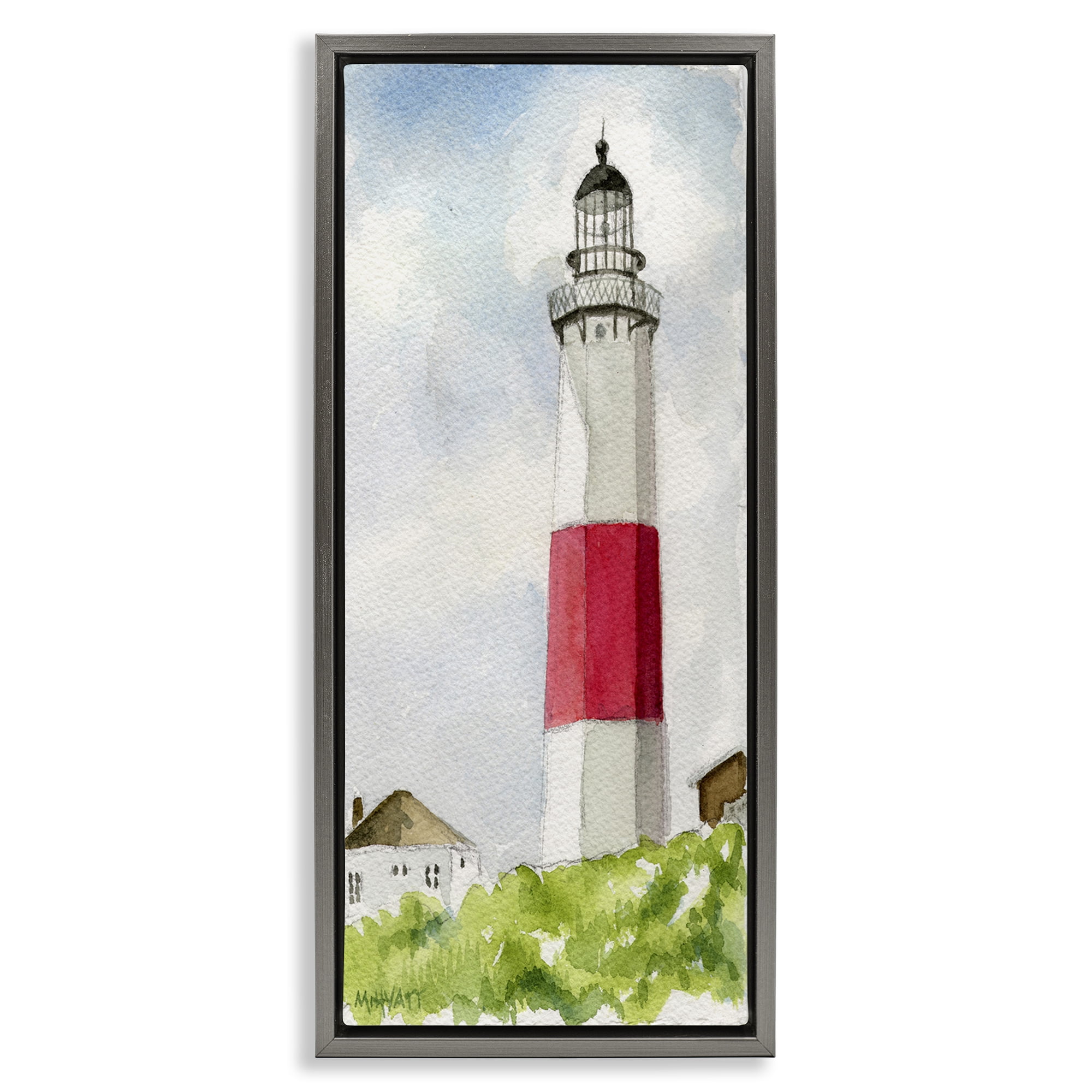 Stupell Industries Montauk Lighthouse View Nautical & Beach Painting Gray Floater Framed Canvas Art Print Wall Art, 11 x 25