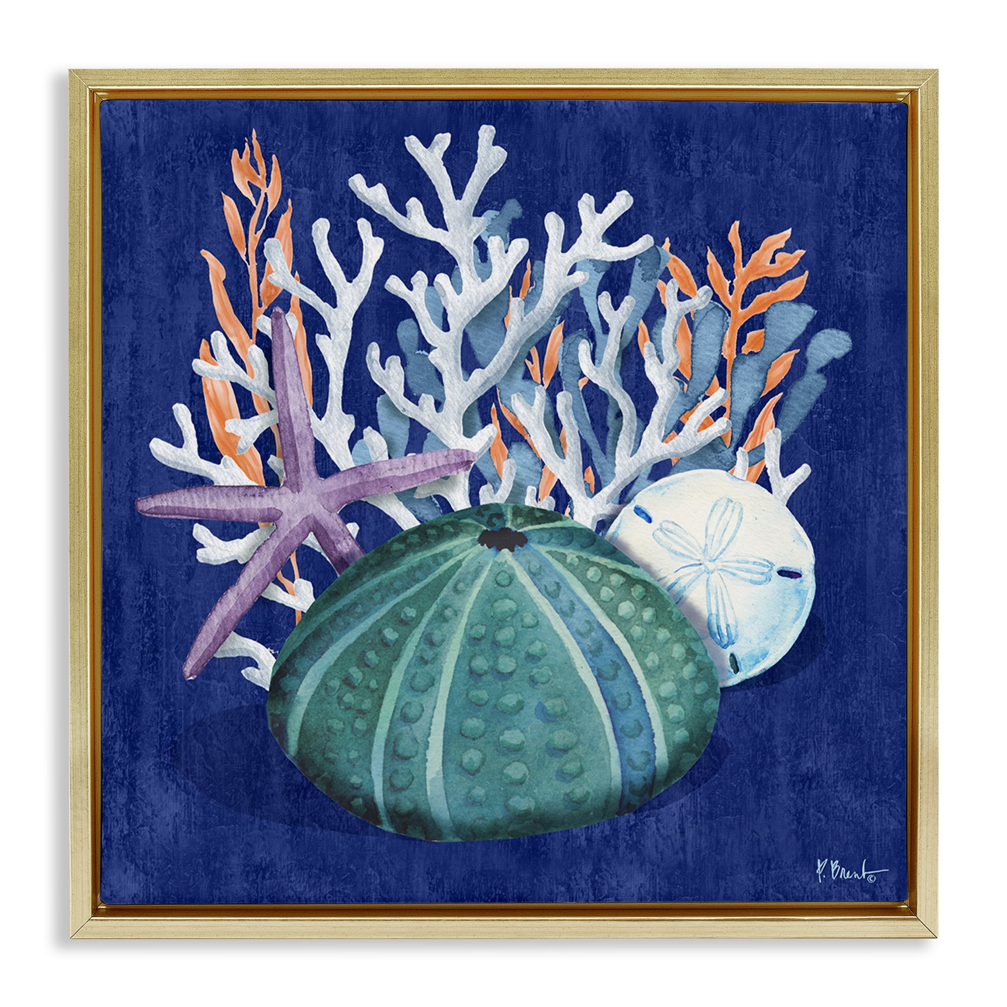 Stupell Industries Monterey Urchin & Coral Coastal Painting Gold Floater Framed Canvas Art Print Wall Art, 25 x 25