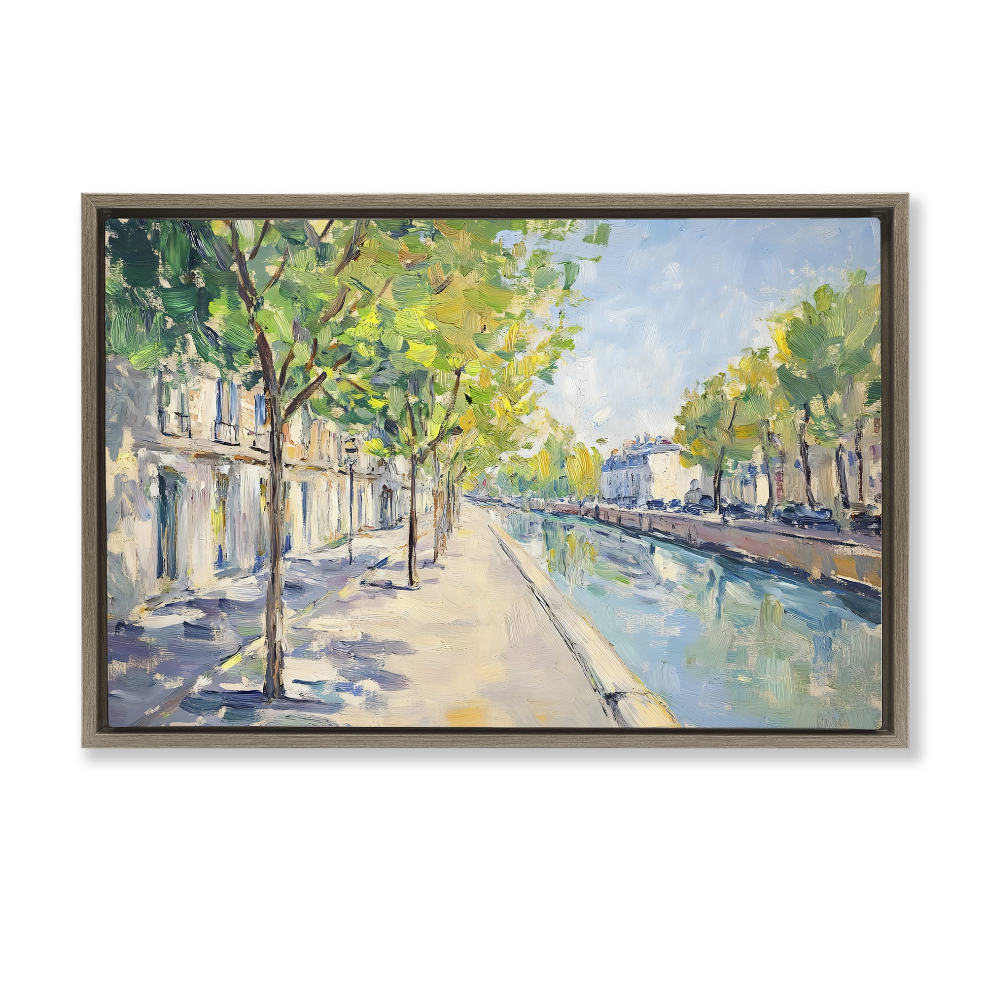 Stupell Industries Montrouge Canal Promenade Brown Framed Floater Canvas Wall Art, design by Creative Studio