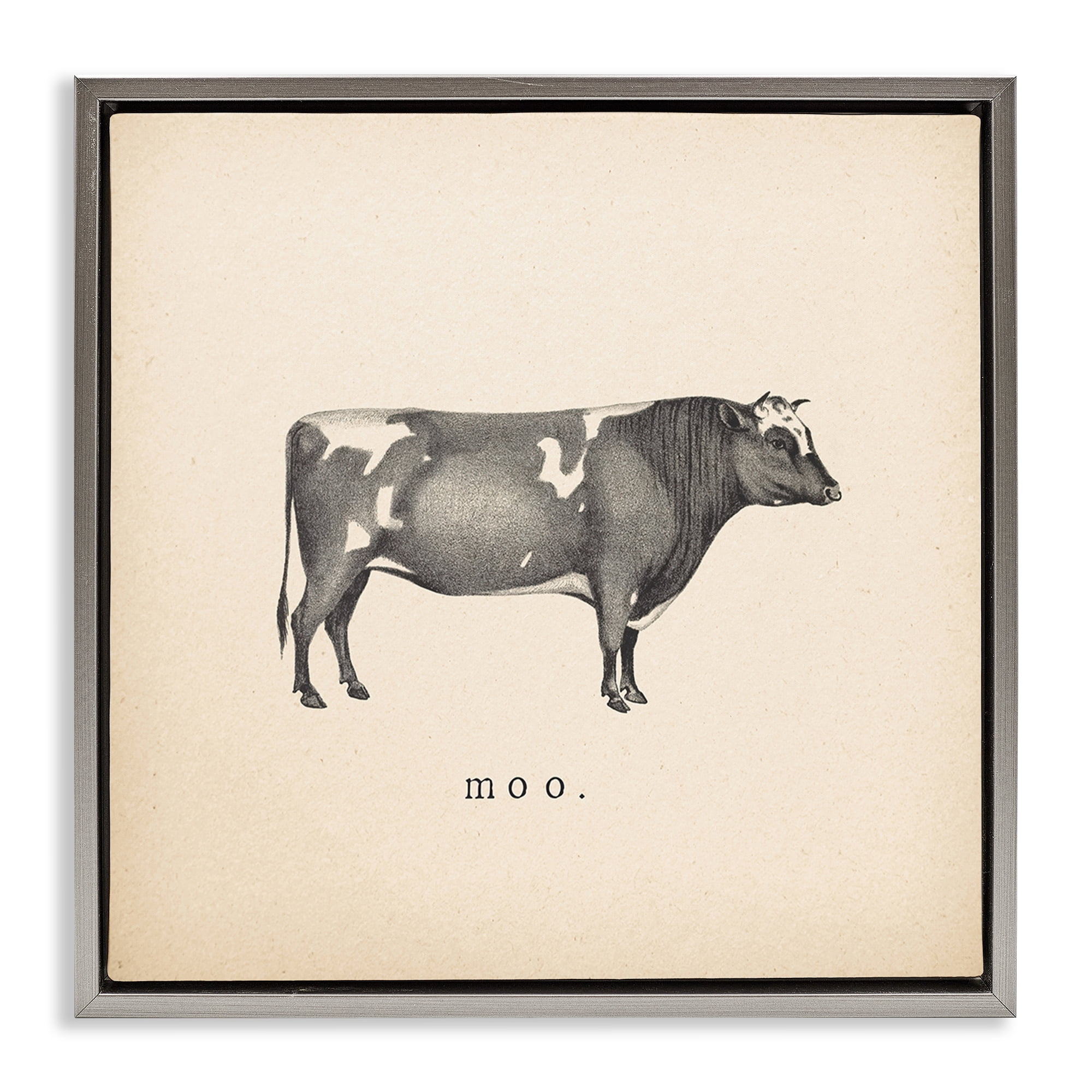 Stupell Industries Moo Farm Cow Sounds Animals Painting Gray Floater Framed Canvas Art Print Wall Art, 18 x 18
