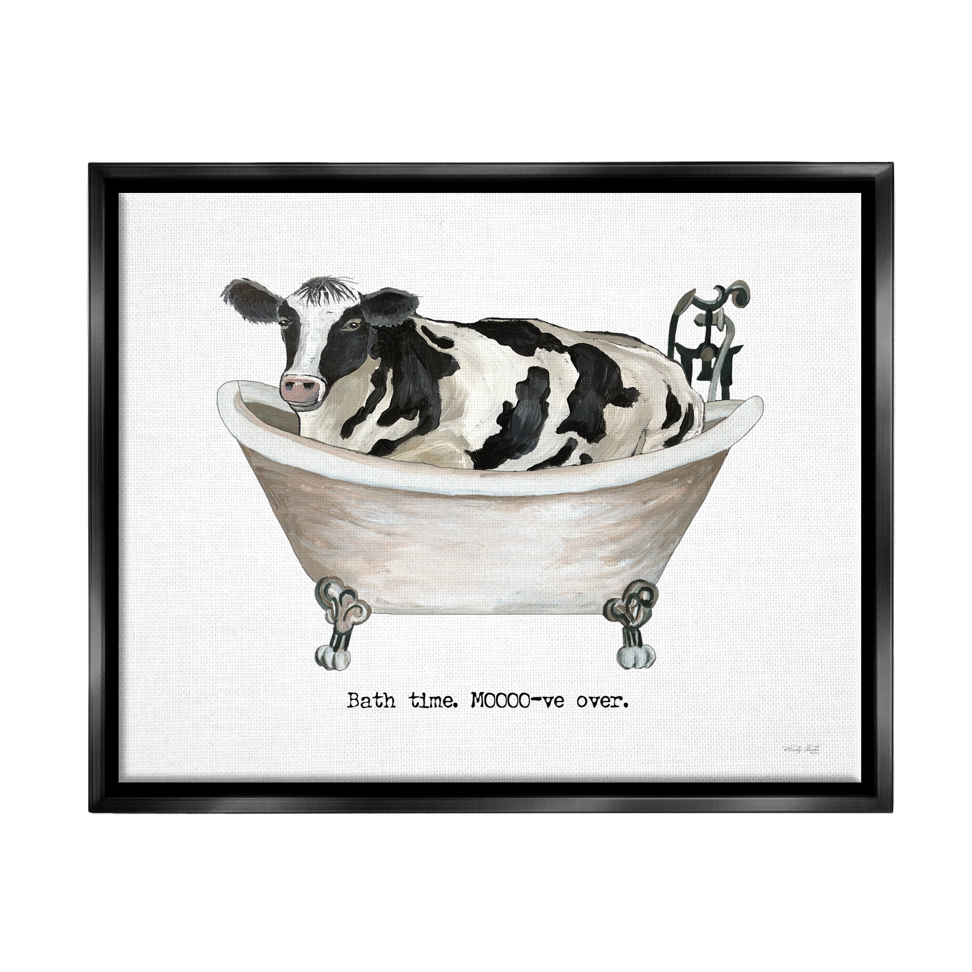 Stupell Industries Moo-ve Over Bath Time Cow Farmhouse Bathroom Sign Graphic Art Jet Black Floating Framed Canvas Print Wall Art, Design by Cindy Jacobs