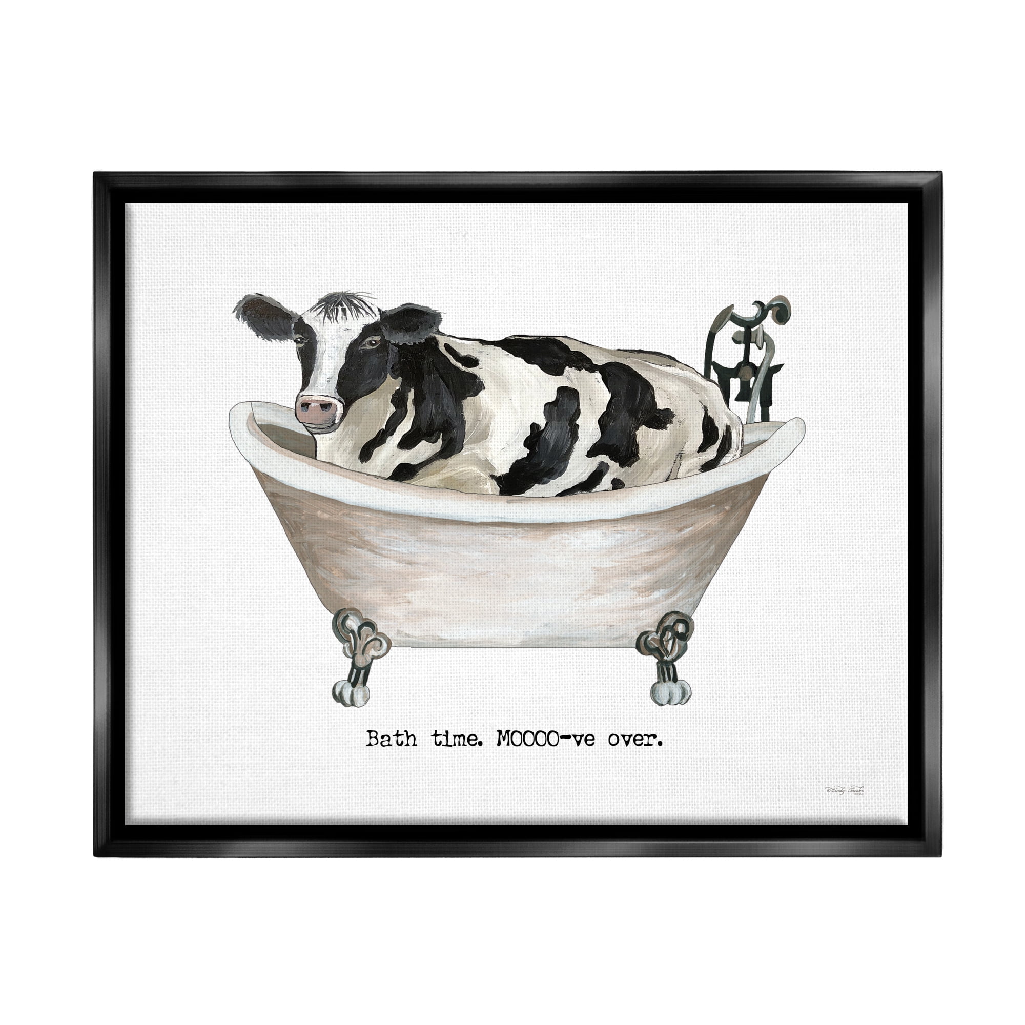 Stupell Industries Moo-ve Over Bath Time Cow Farmhouse Bathroom Sign Graphic Art Jet Black Floating Framed Canvas Print Wall Art, Design by Cindy Jacobs