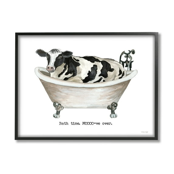 Stupell Industries Moo-ve Over Bath Time Cow Farmhouse Bathroom Sign Graphic Art Black Framed Art Print Wall Art, Design by Cindy Jacobs