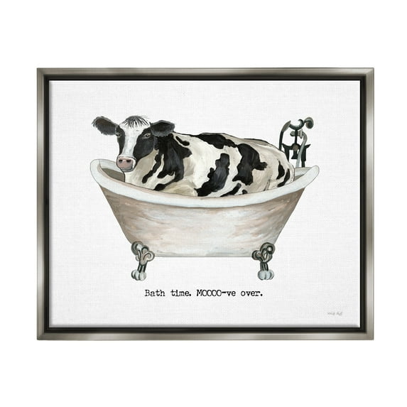 Stupell Industries Moo-ve Over Bath Time Cow Farmhouse Bathroom Sign Graphic Art Luster Gray Floating Framed Canvas Print Wall Art, Design by Cindy Jacobs