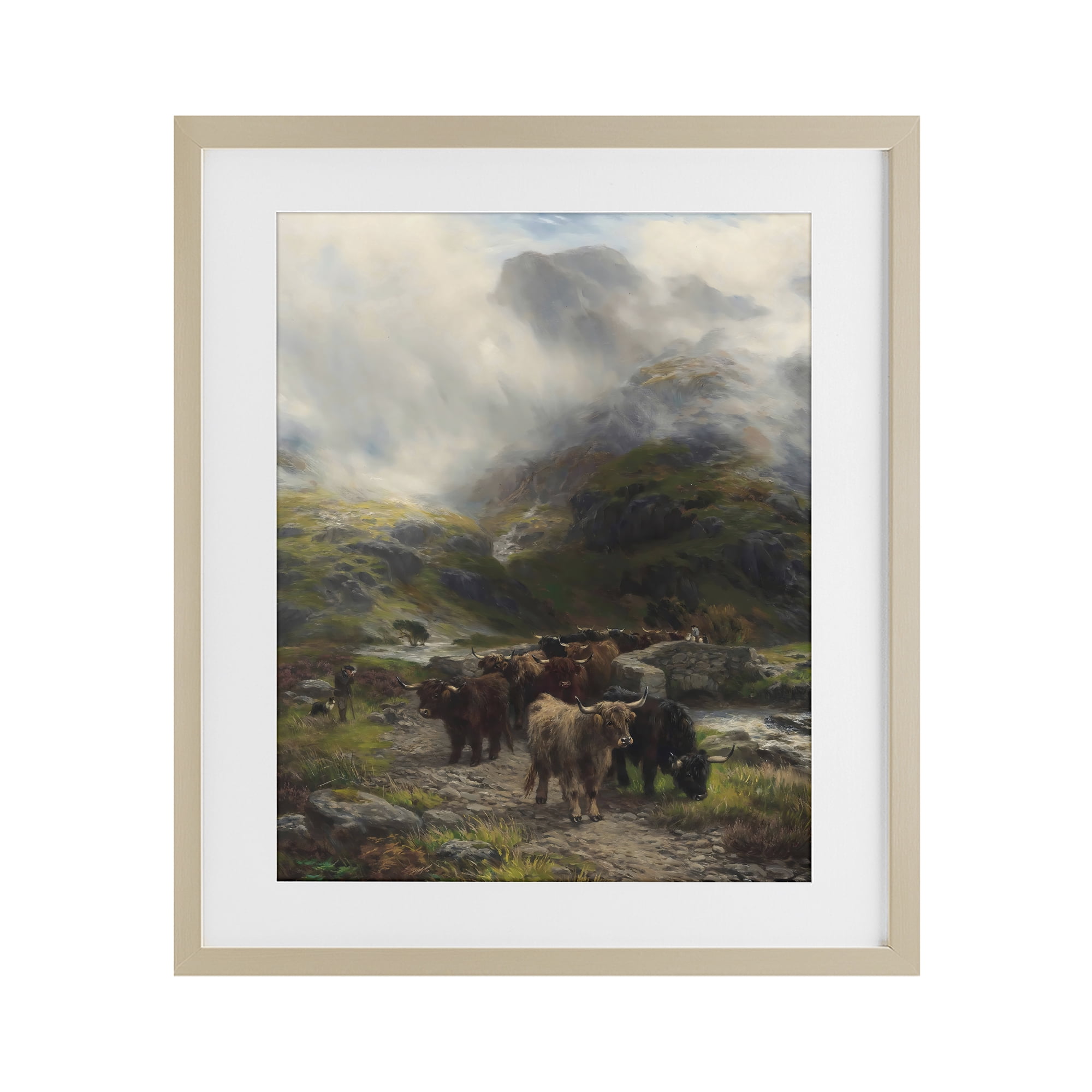 Stupell Industries Moody Highland Cows Herd Birch Framed Print Under Glass, design by Arlington Prints