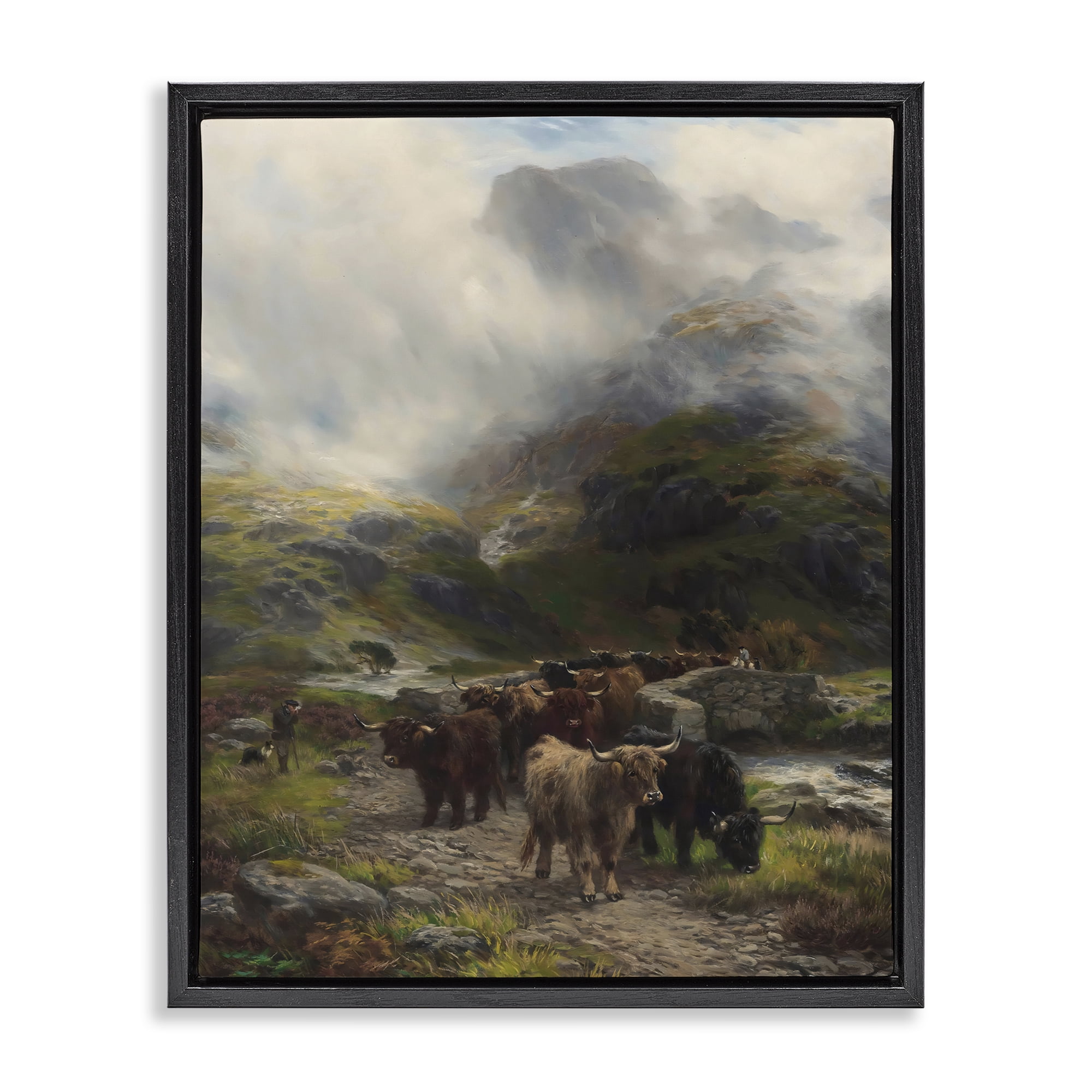 Stupell Industries Moody Highland Cows Herd Black Framed Floater Canvas Wall Art, design by Arlington Prints