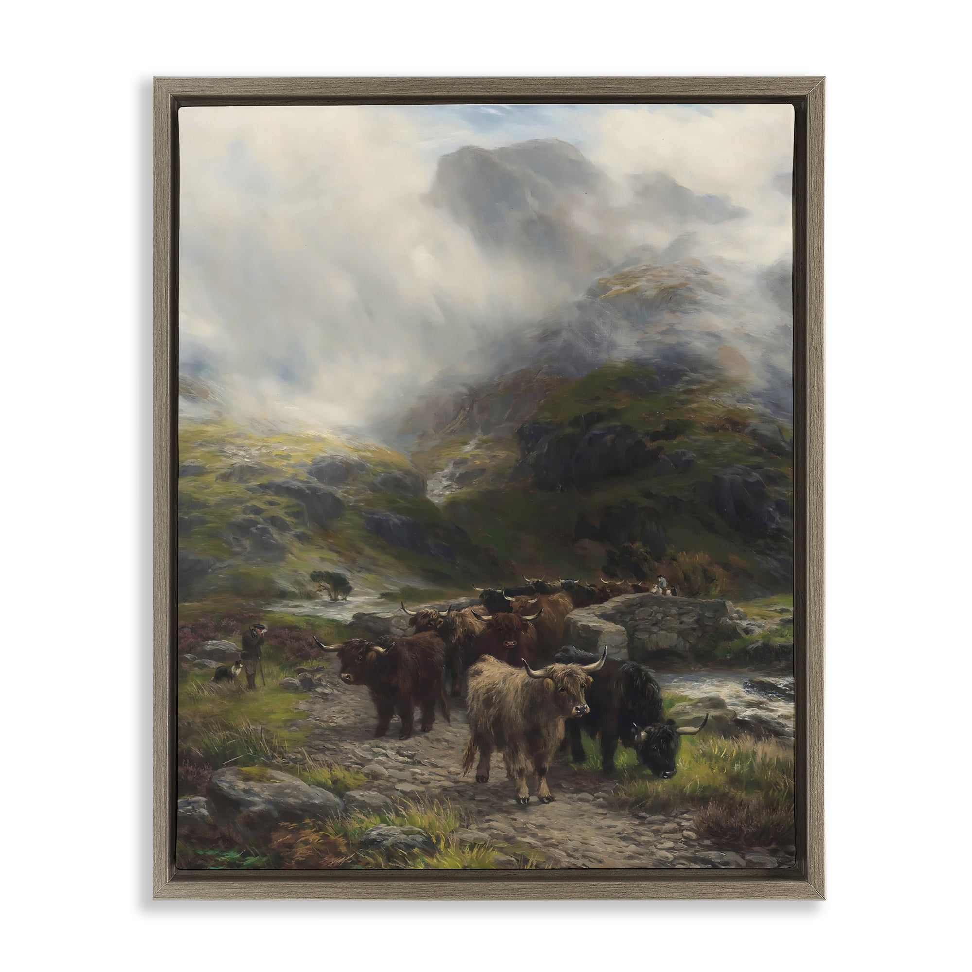 Stupell Industries Moody Highland Cows Herd Brown Framed Floater Canvas Wall Art, design by Arlington Prints