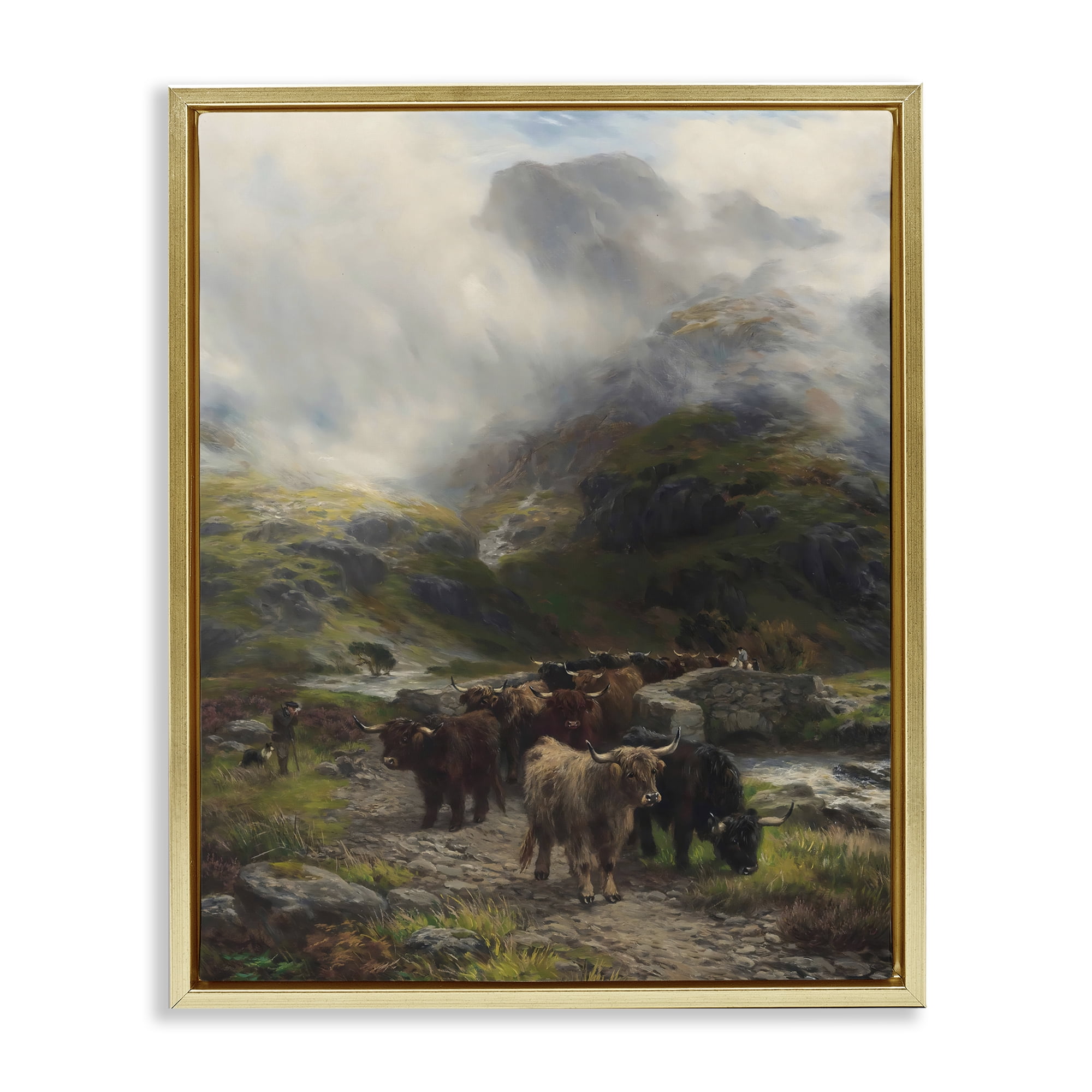Stupell Industries Moody Highland Cows Herd Gold Framed Floater Canvas Wall Art, design by Arlington Prints