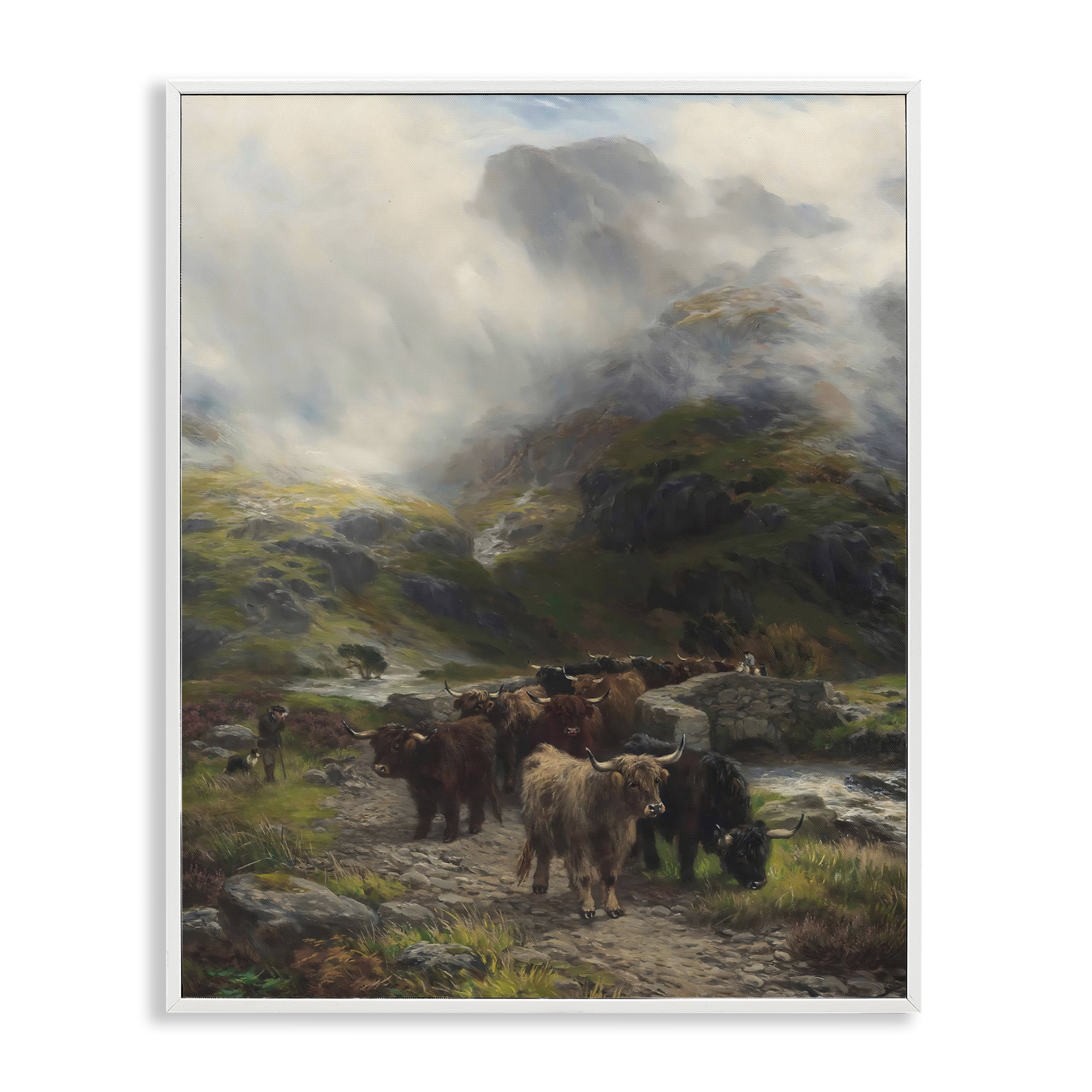 Stupell Industries Moody Highland Cows Herd White Framed Giclee Art, design by Arlington Prints