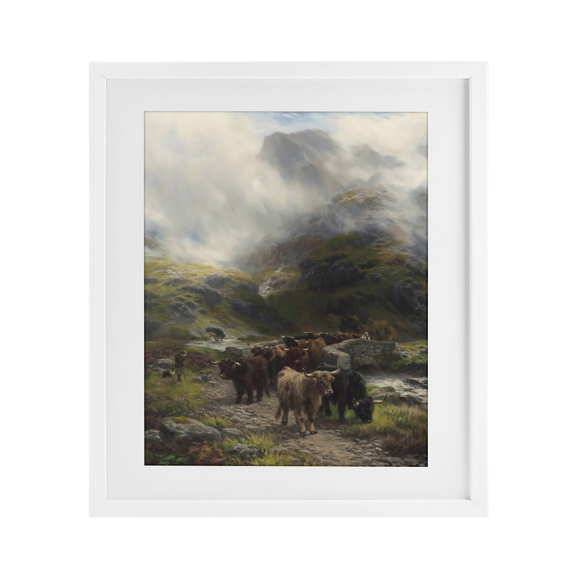 Stupell Industries Moody Highland Cows Herd White Framed Print Under Glass, design by Arlington Prints