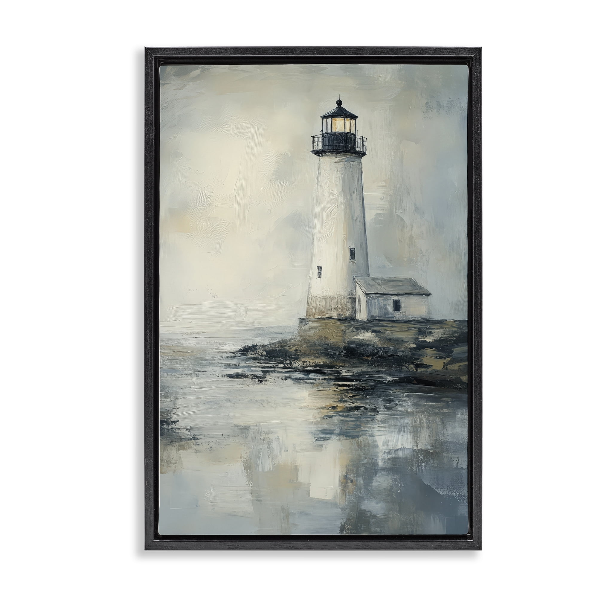 Stupell Industries Moody Lighthouse Reflecting Black Framed Floater Canvas Wall Art, design by Petal Prints Design