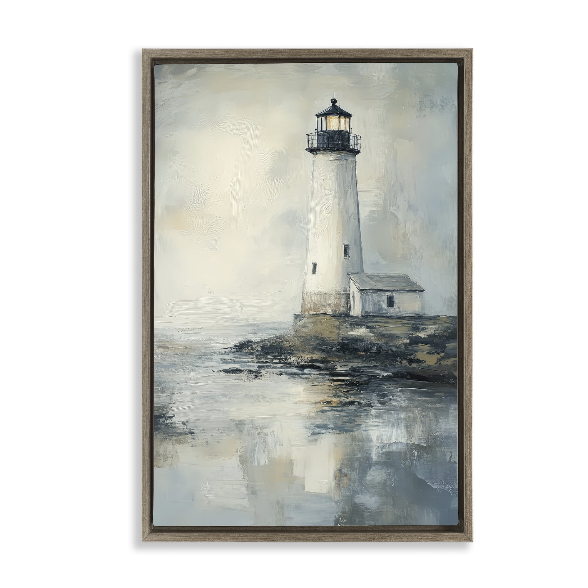 Stupell Industries Moody Lighthouse Reflecting Brown Framed Floater Canvas Wall Art, design by Petal Prints Design