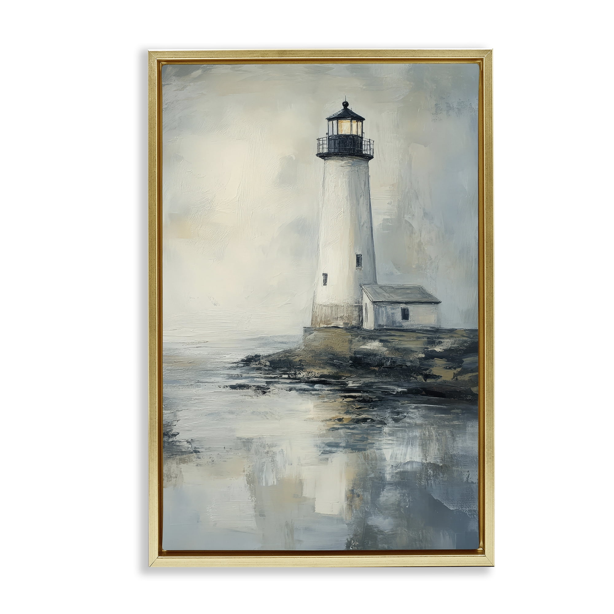 Stupell Industries Moody Lighthouse Reflecting Gold Framed Floater Canvas Wall Art, design by Petal Prints Design