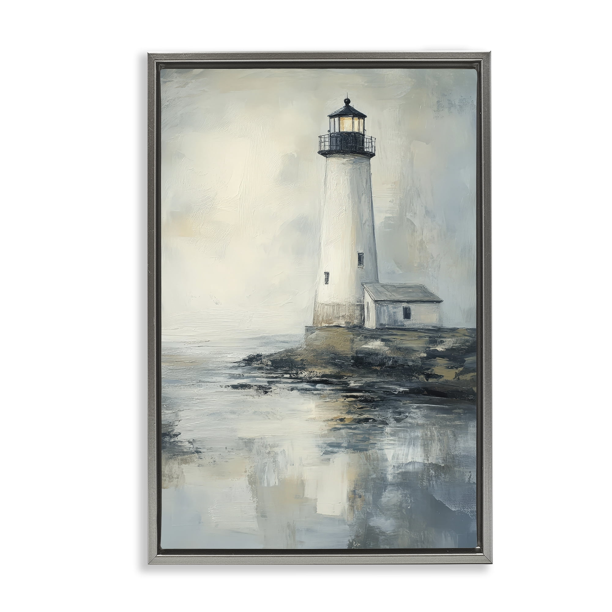 Stupell Industries Moody Lighthouse Reflecting Gray Framed Floater Canvas Wall Art, design by Petal Prints Design