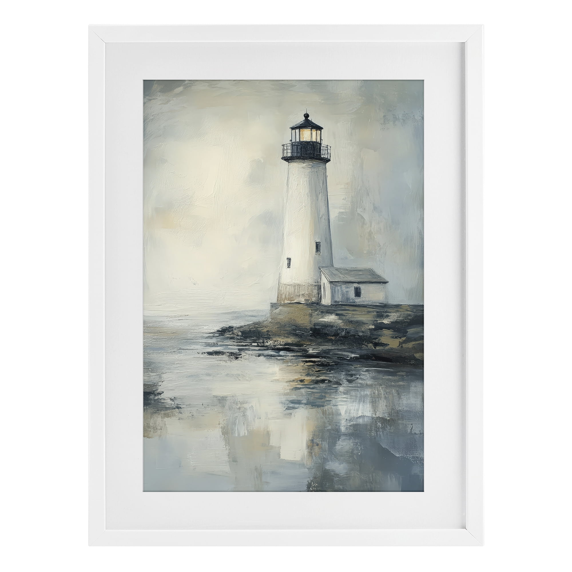 Stupell Industries Moody Lighthouse Reflecting White Framed Print Under Glass, design by Petal Prints Design