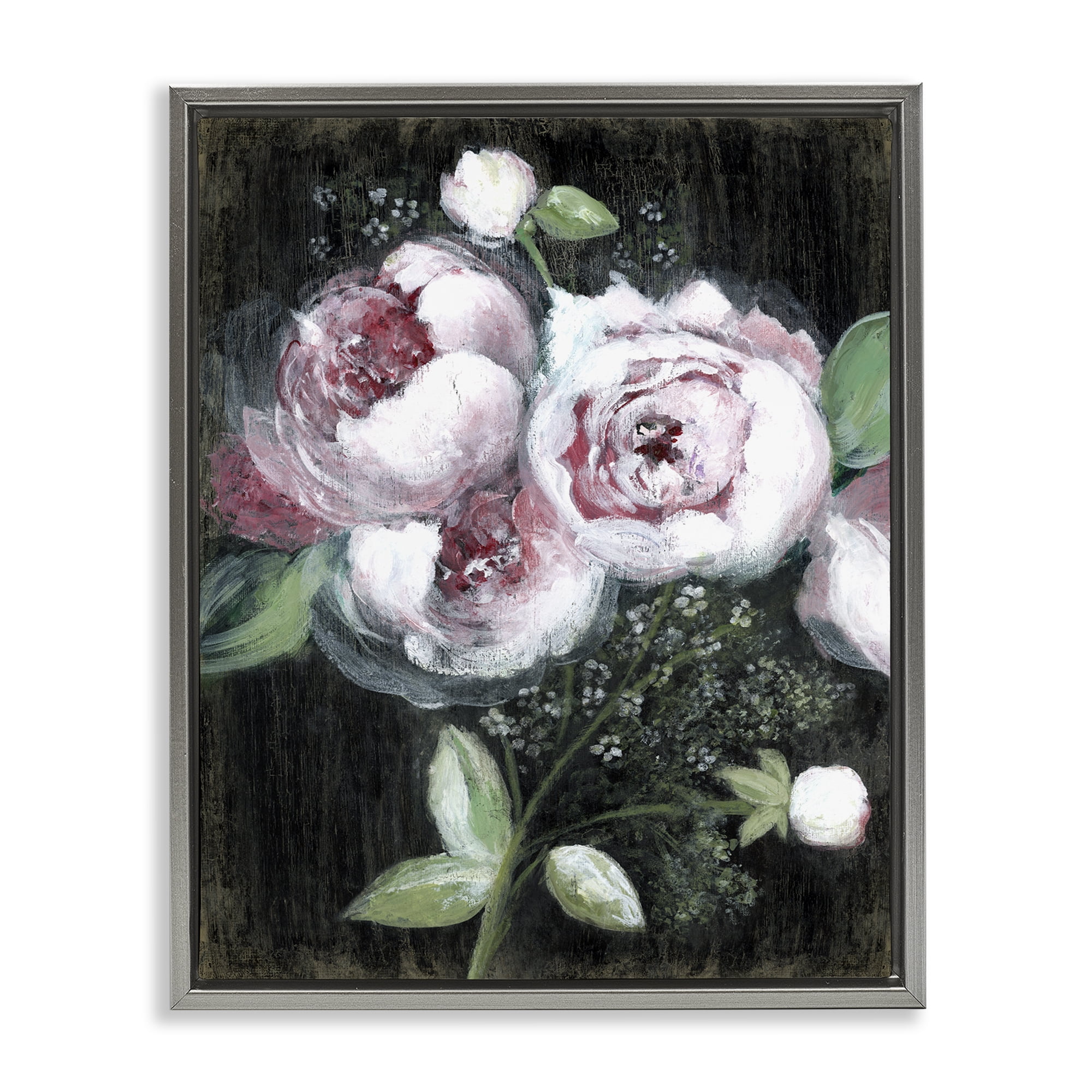 Stupell Industries Moody Roses on Black Plants & Flowers Painting Gray Floater Framed Canvas Art Print Wall Art, 25 x 31