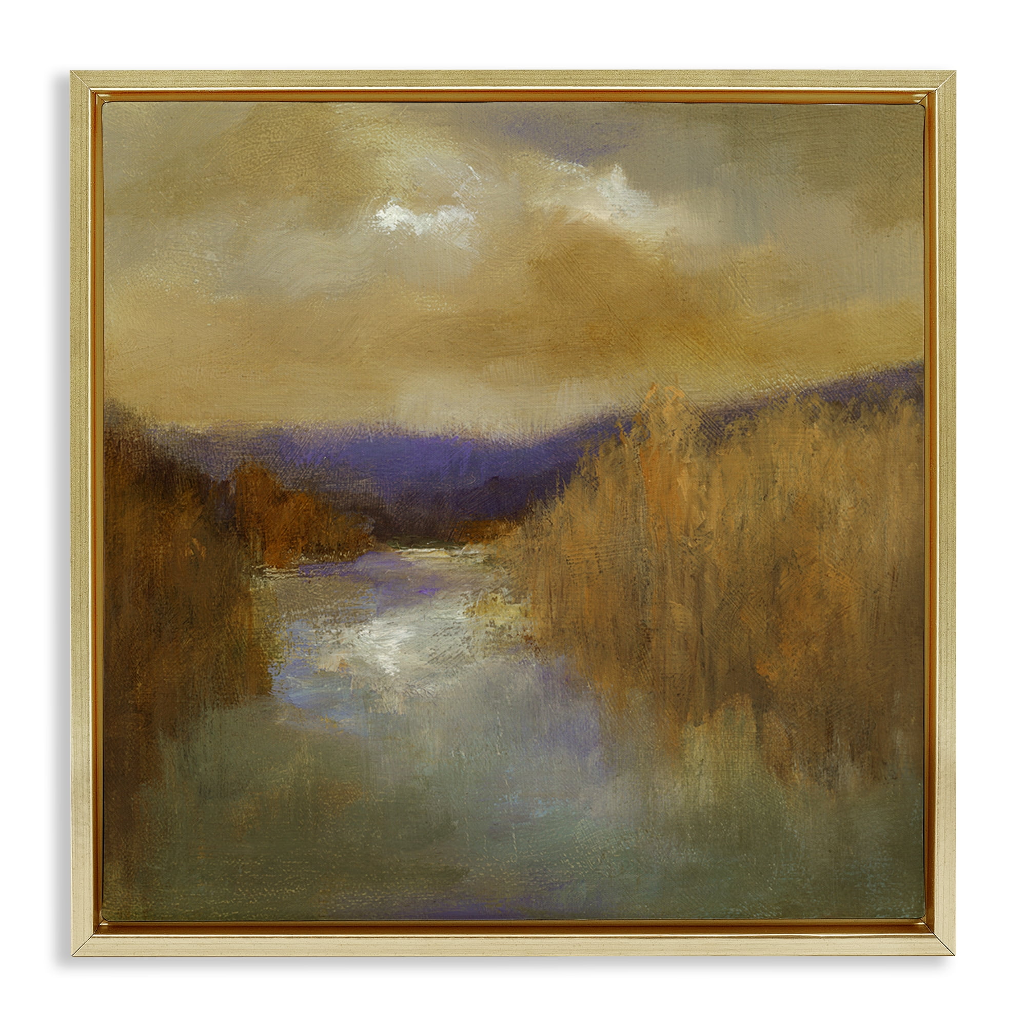 Stupell Industries Moody Shadowed River Landscape & Nature Painting Gold Floater Framed Canvas Art Print Wall Art, 25 x 25