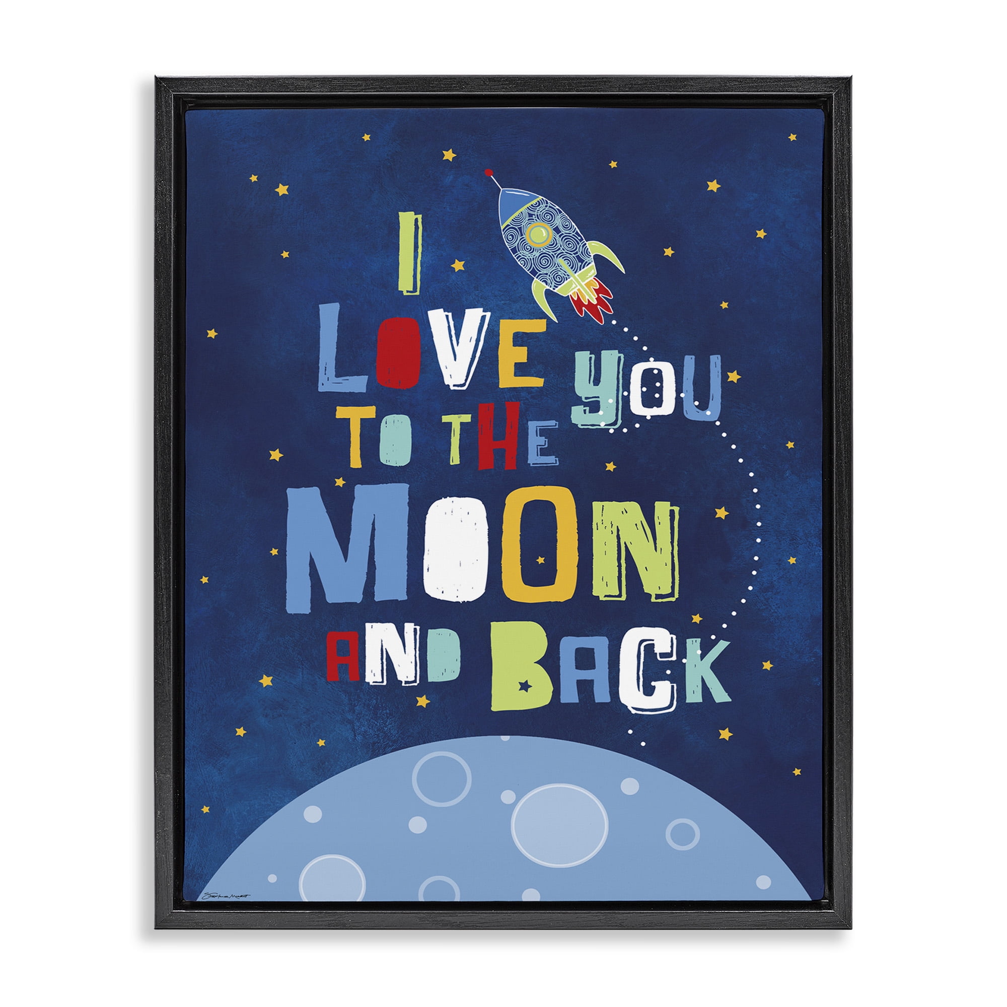 Stupell Industries Moon & Back with Rocket Ship Art for Kids Painting Black Floater Framed Canvas Art Print Wall Art, 25 x 31